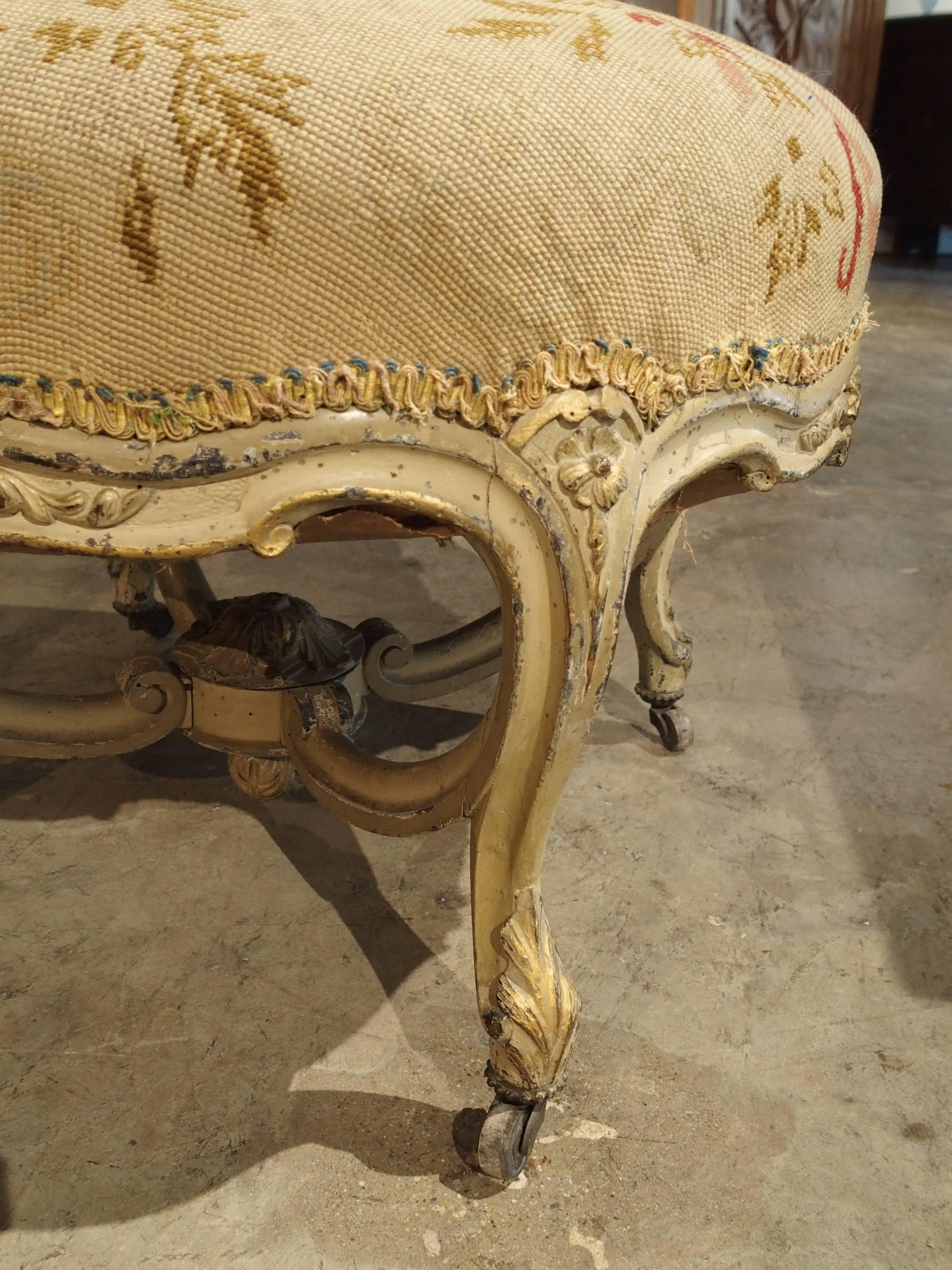 19th Century Antique Louis XV Style Needlepoint Stool from France