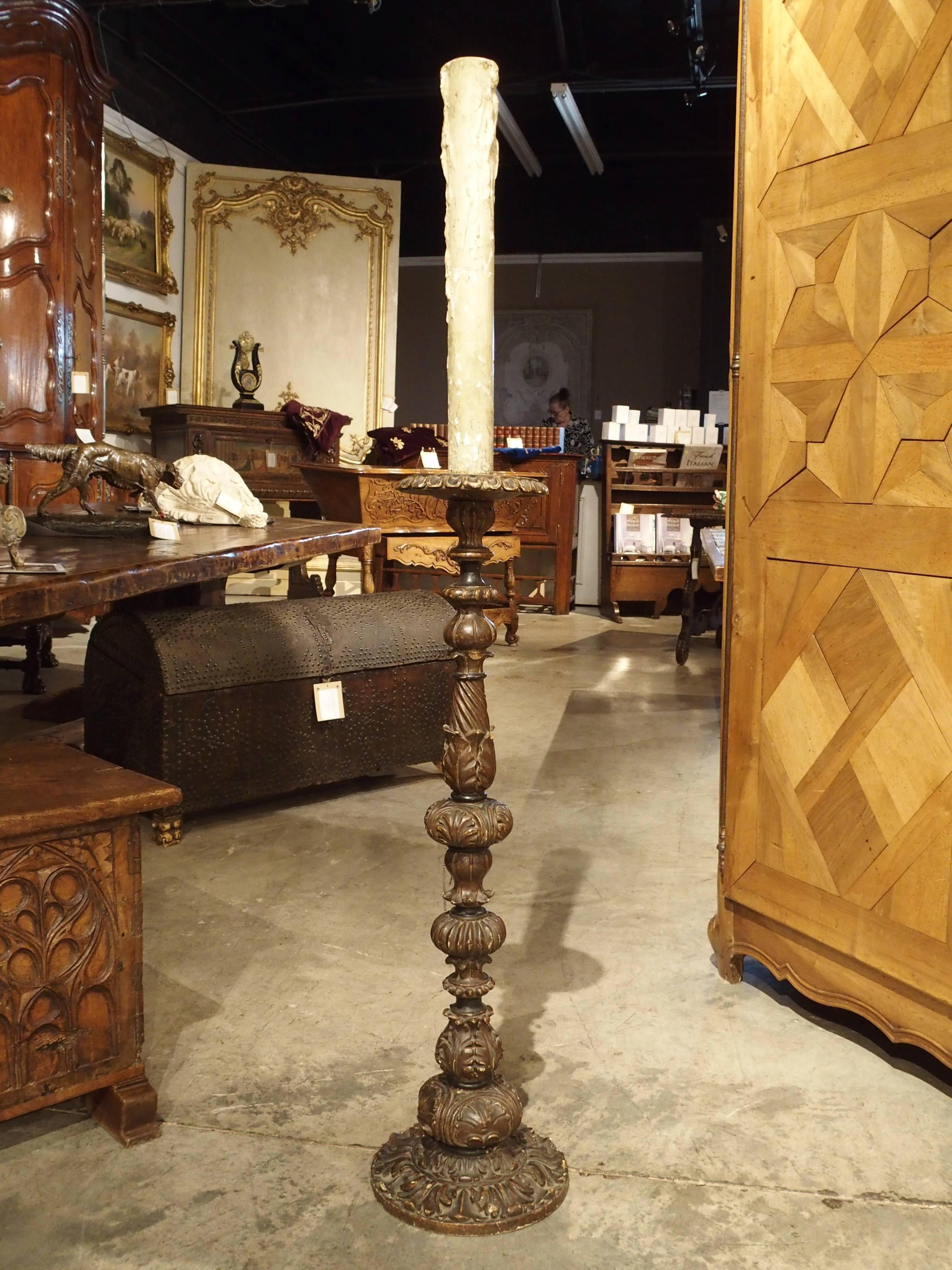 Wood Carved Antique French Floor Candlestick Lamp, circa 1880