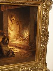 Signed Antique Oil on Canvas, Dogs by Fireplace, 19th Century