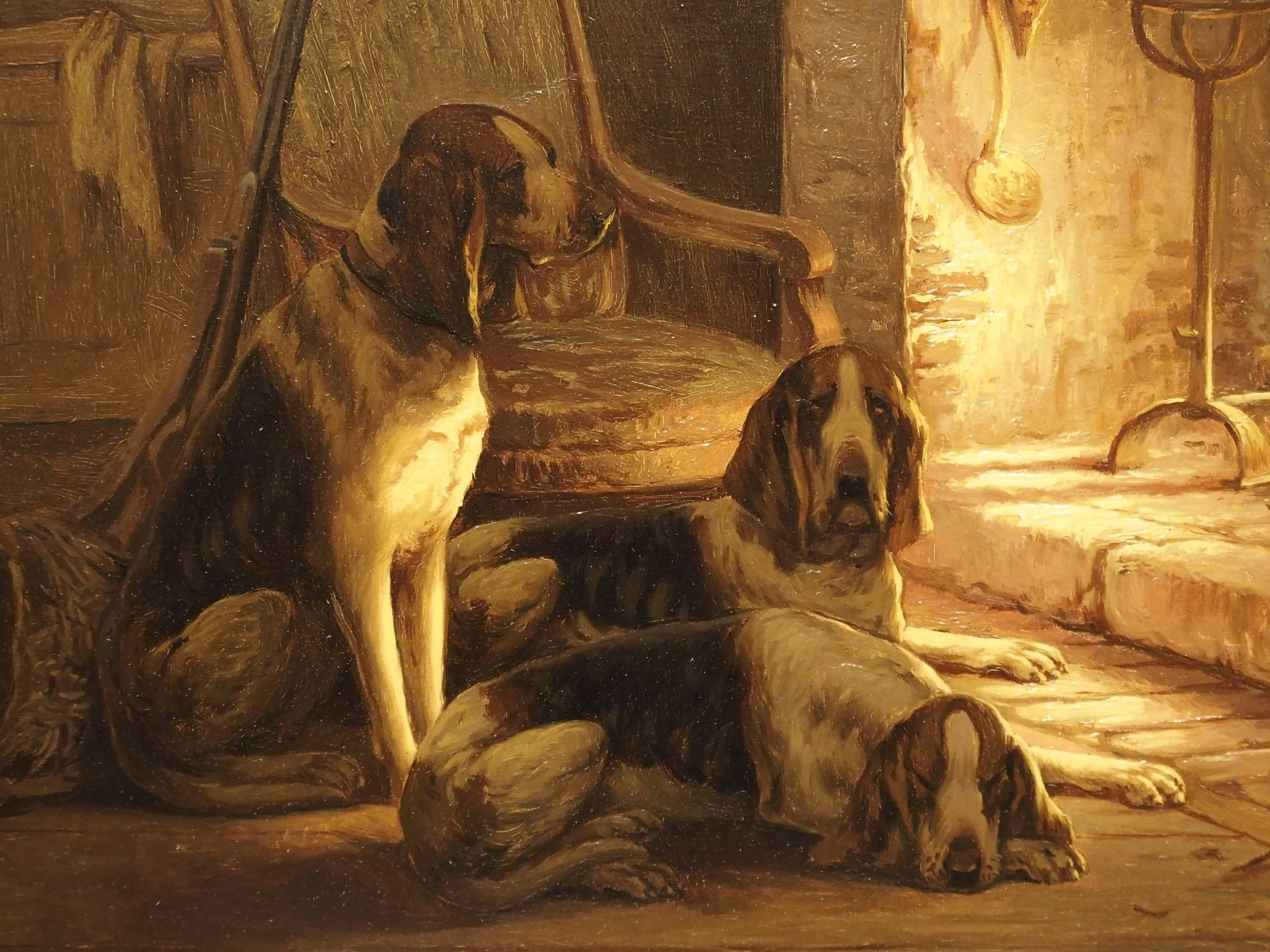 Signed Antique Oil on Canvas, Dogs by Fireplace, 19th Century 3