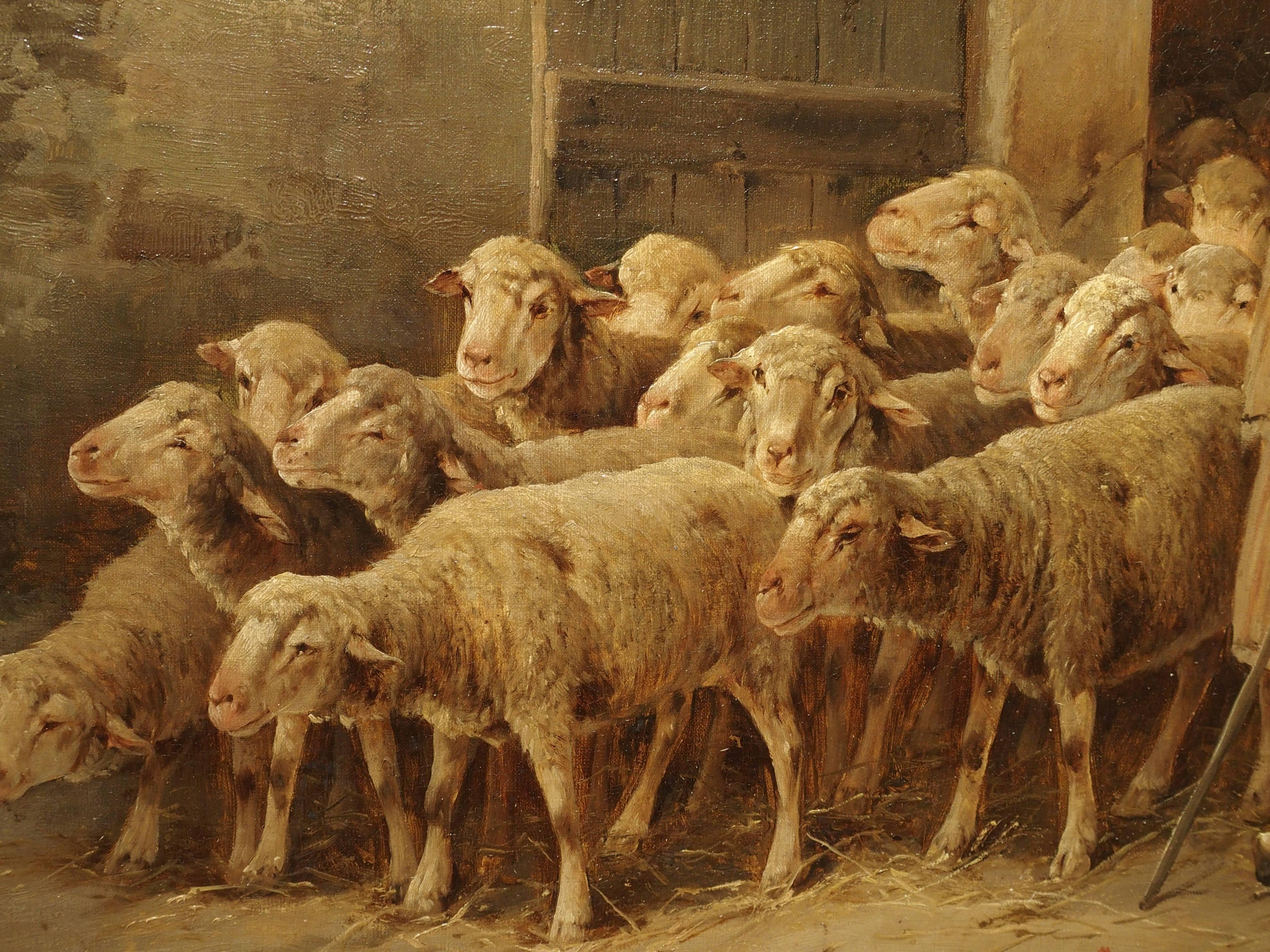 Large Antique Belgian Sheep Painting by Jules Bahieu 1