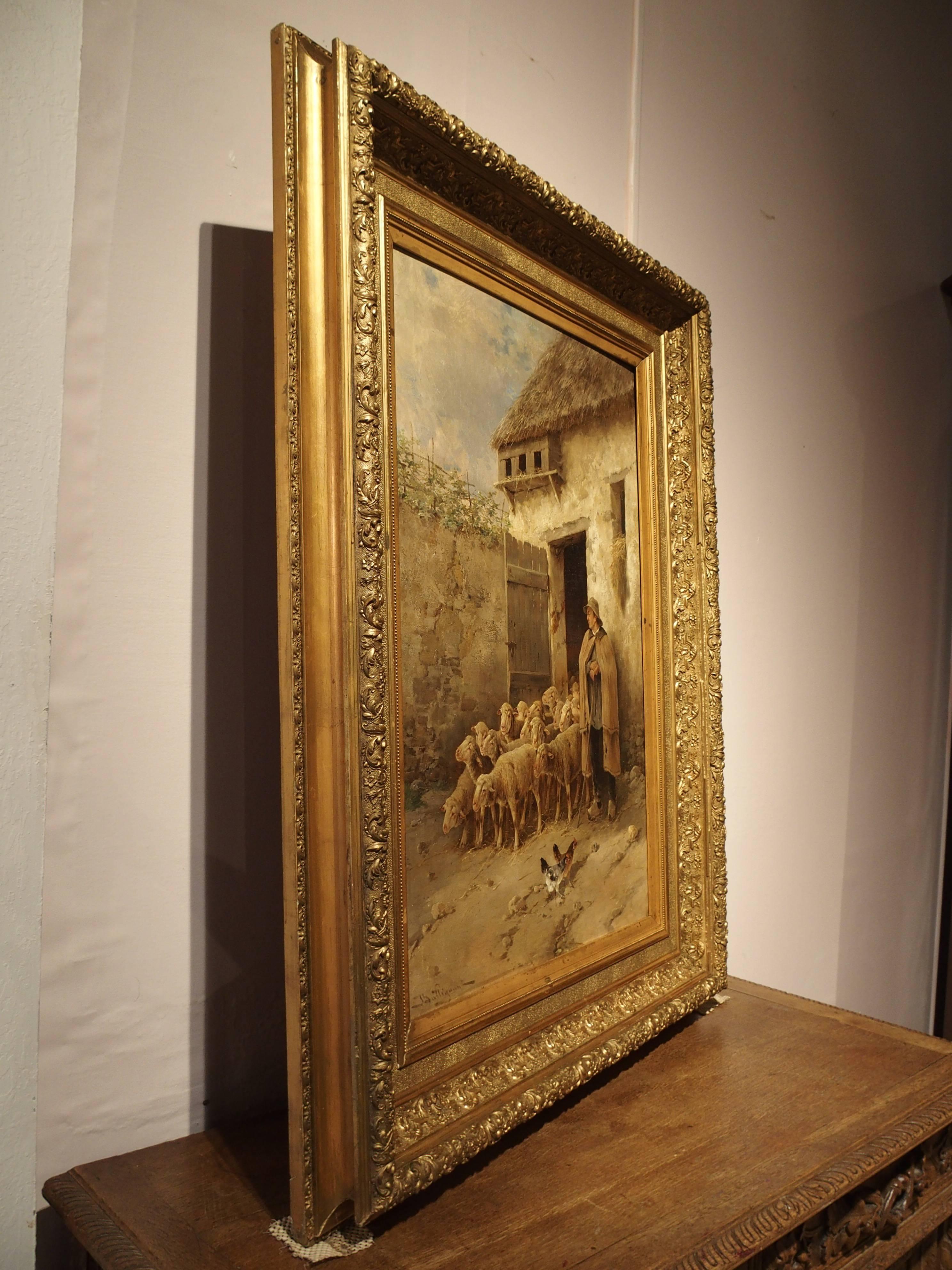 Large Antique Belgian Sheep Painting by Jules Bahieu 5