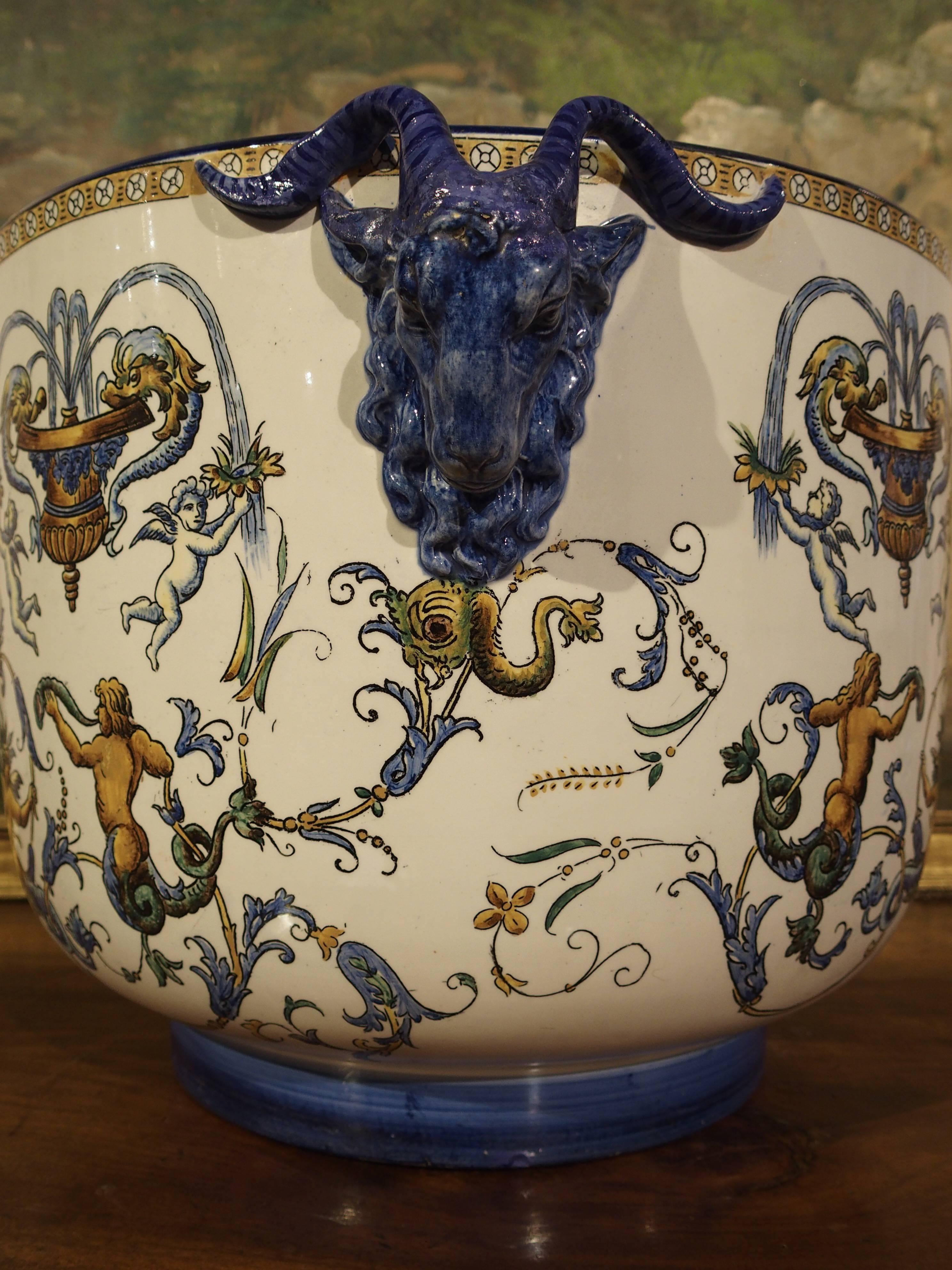 Antique French Gien Cachepot in the Renaissance Style In Good Condition In Dallas, TX