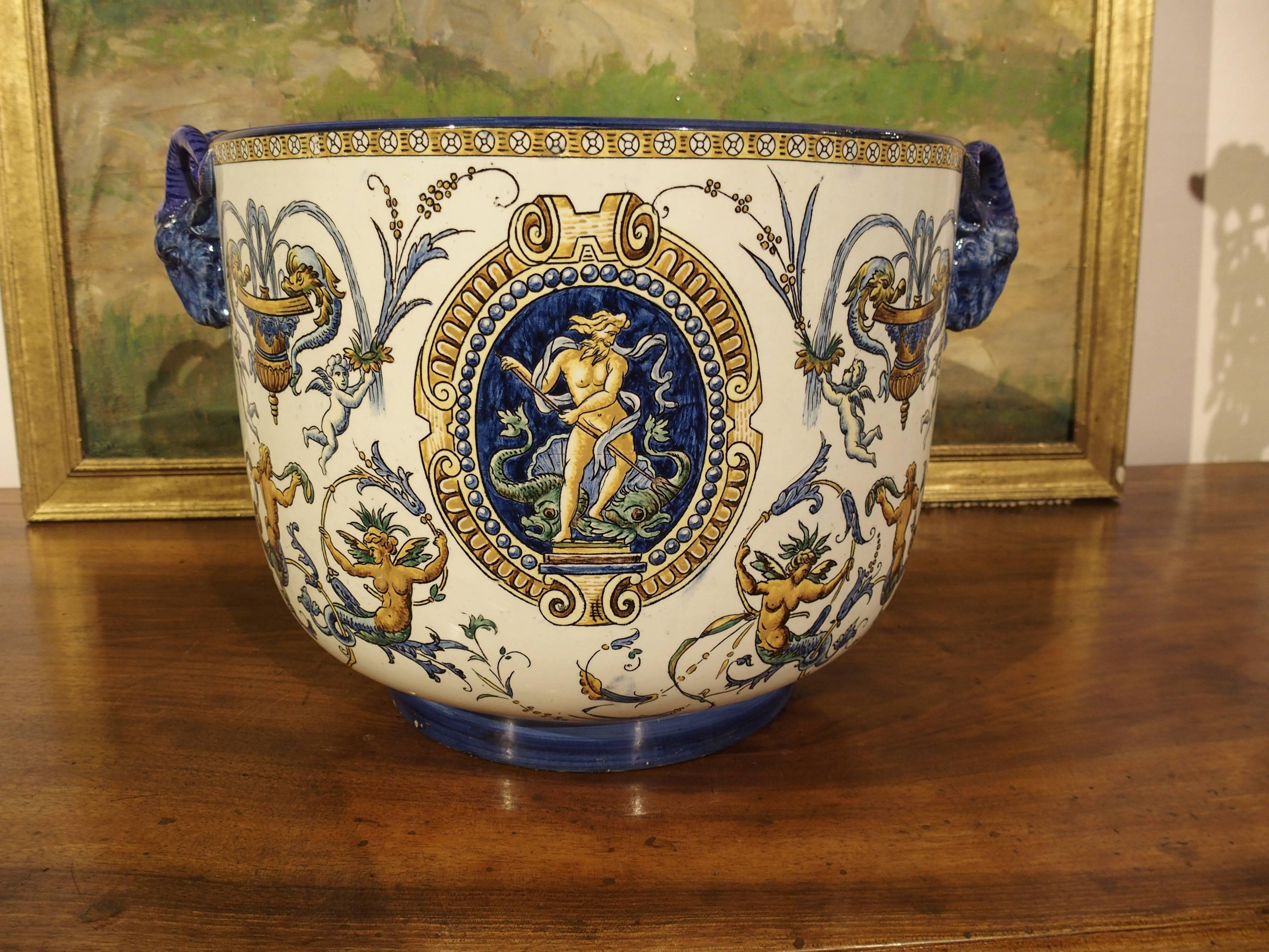 Antique French Gien Cachepot in the Renaissance Style 3