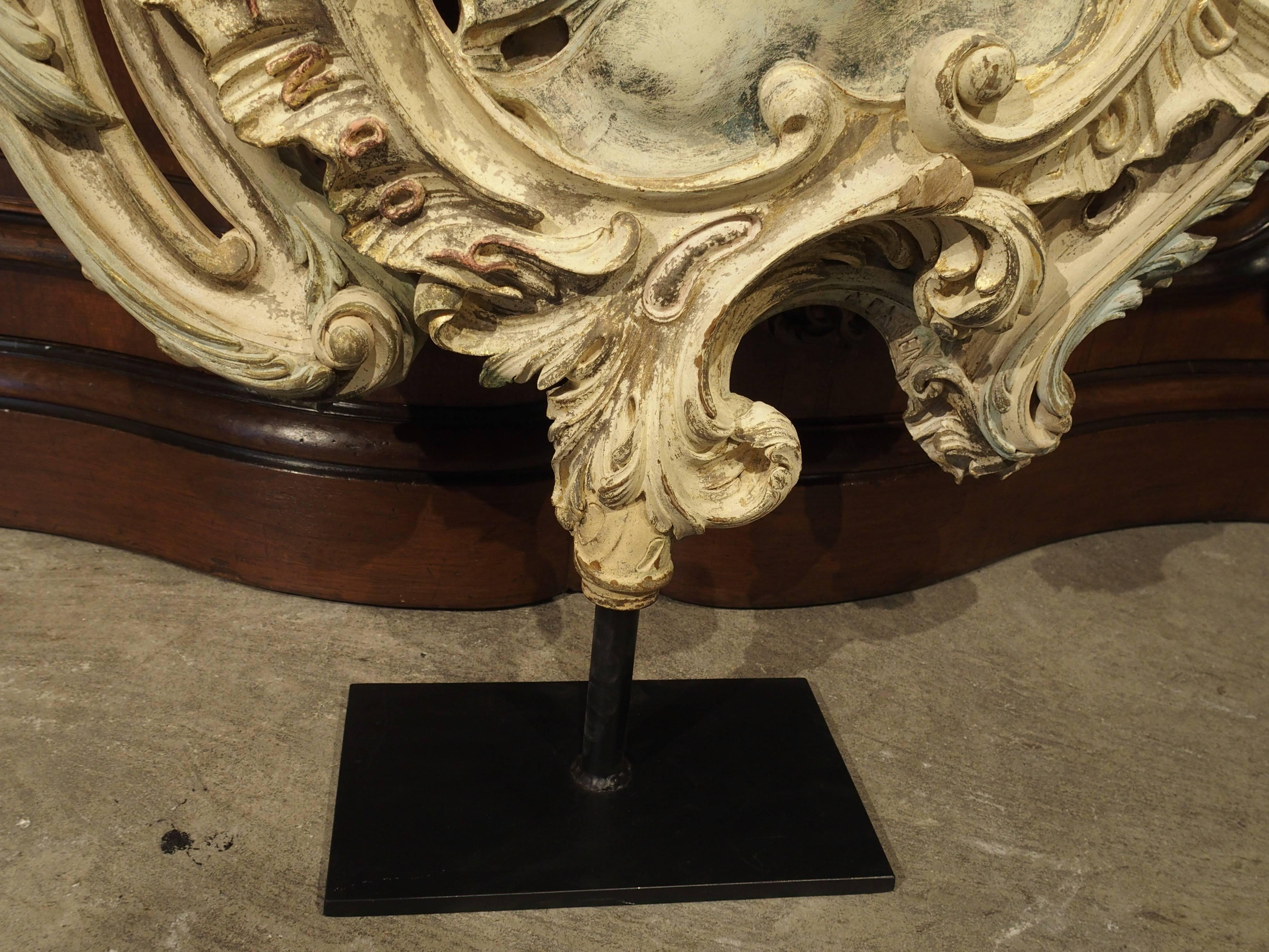 19th Century Carved and Polychromed Rococo Cartouche on Stand, Flanders, 1857