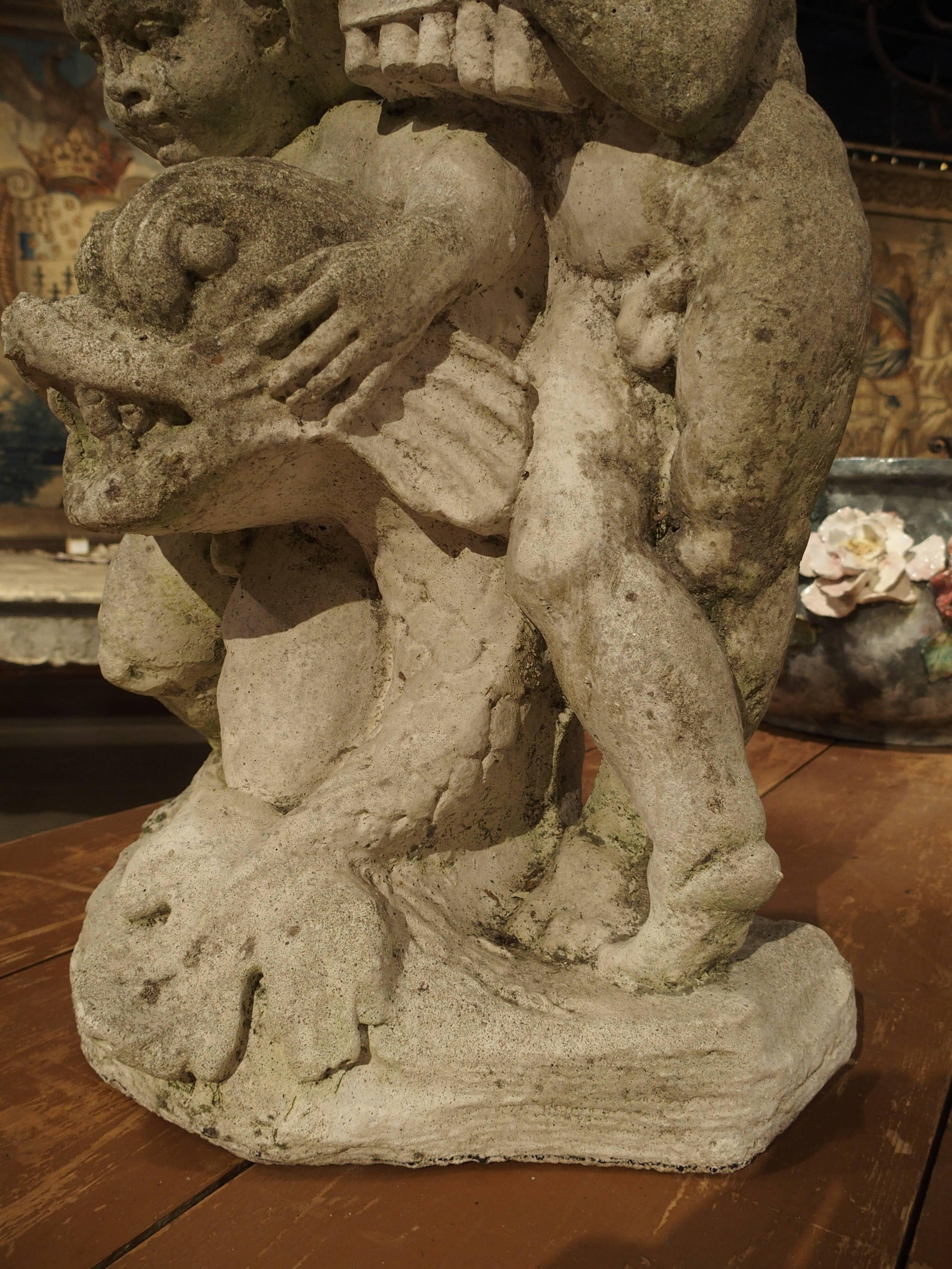 French 1900s Cast Reconstituted Stone Putti and Dolphin Statue/Fountain from France