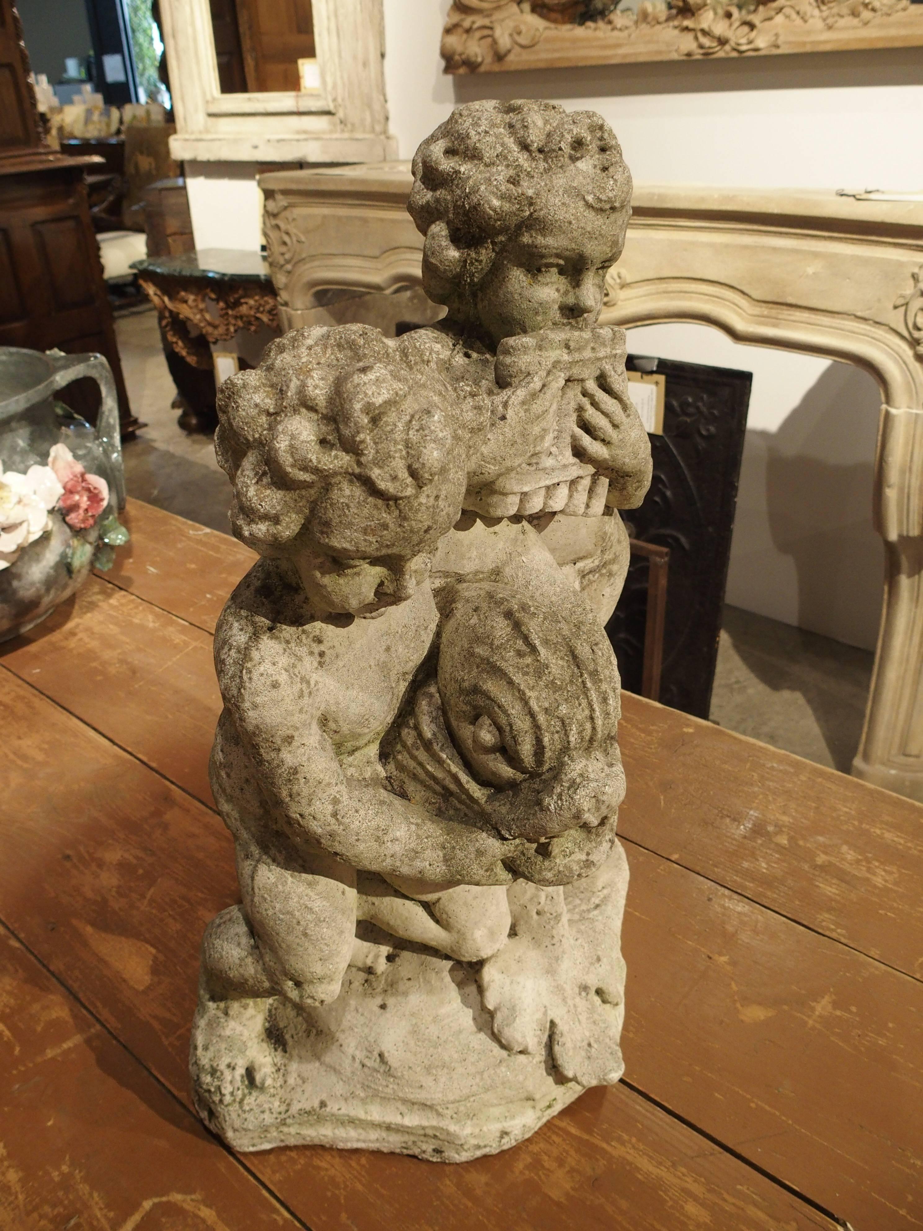 Cast Stone 1900s Cast Reconstituted Stone Putti and Dolphin Statue/Fountain from France