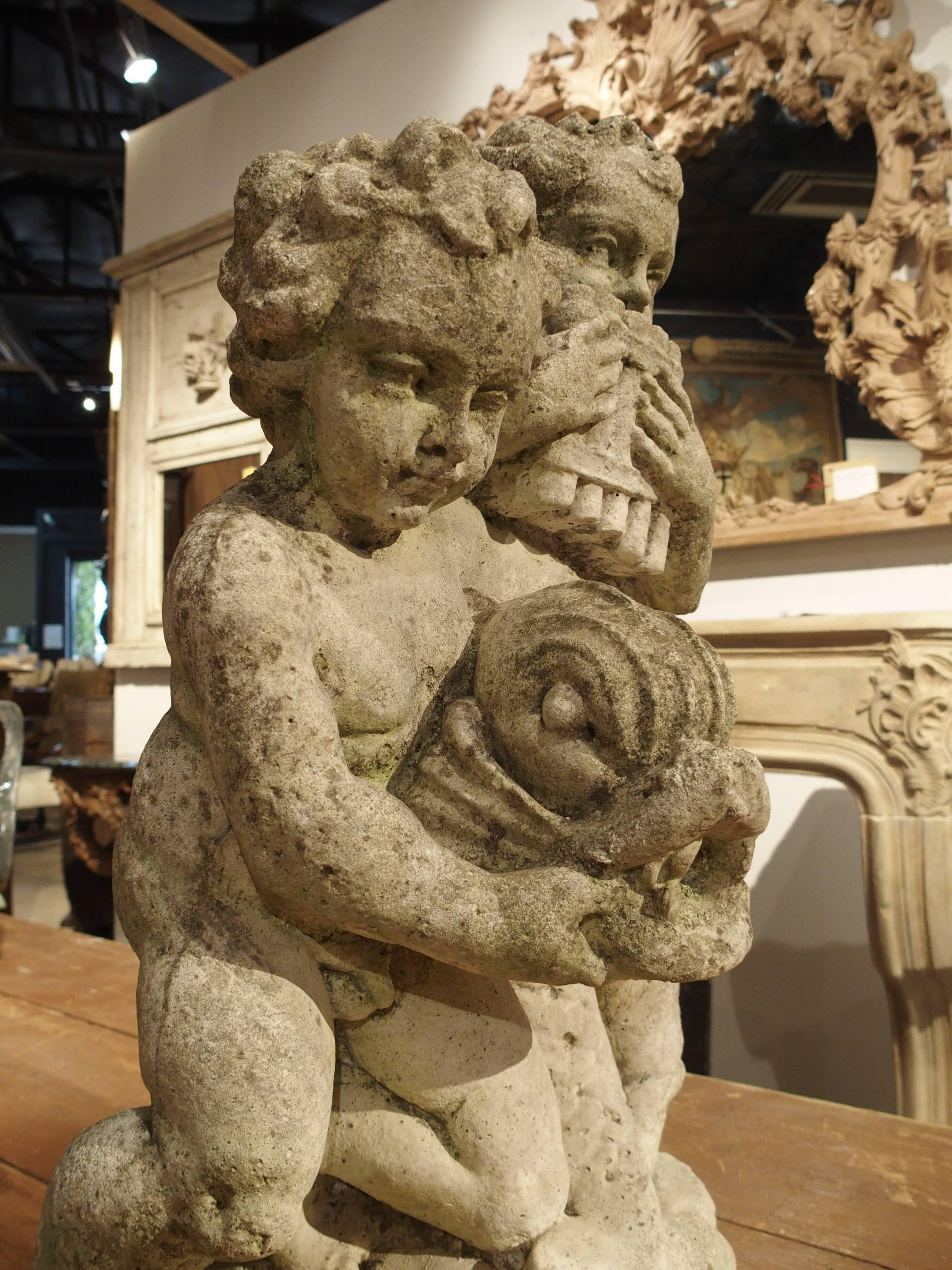 20th Century 1900s Cast Reconstituted Stone Putti and Dolphin Statue/Fountain from France