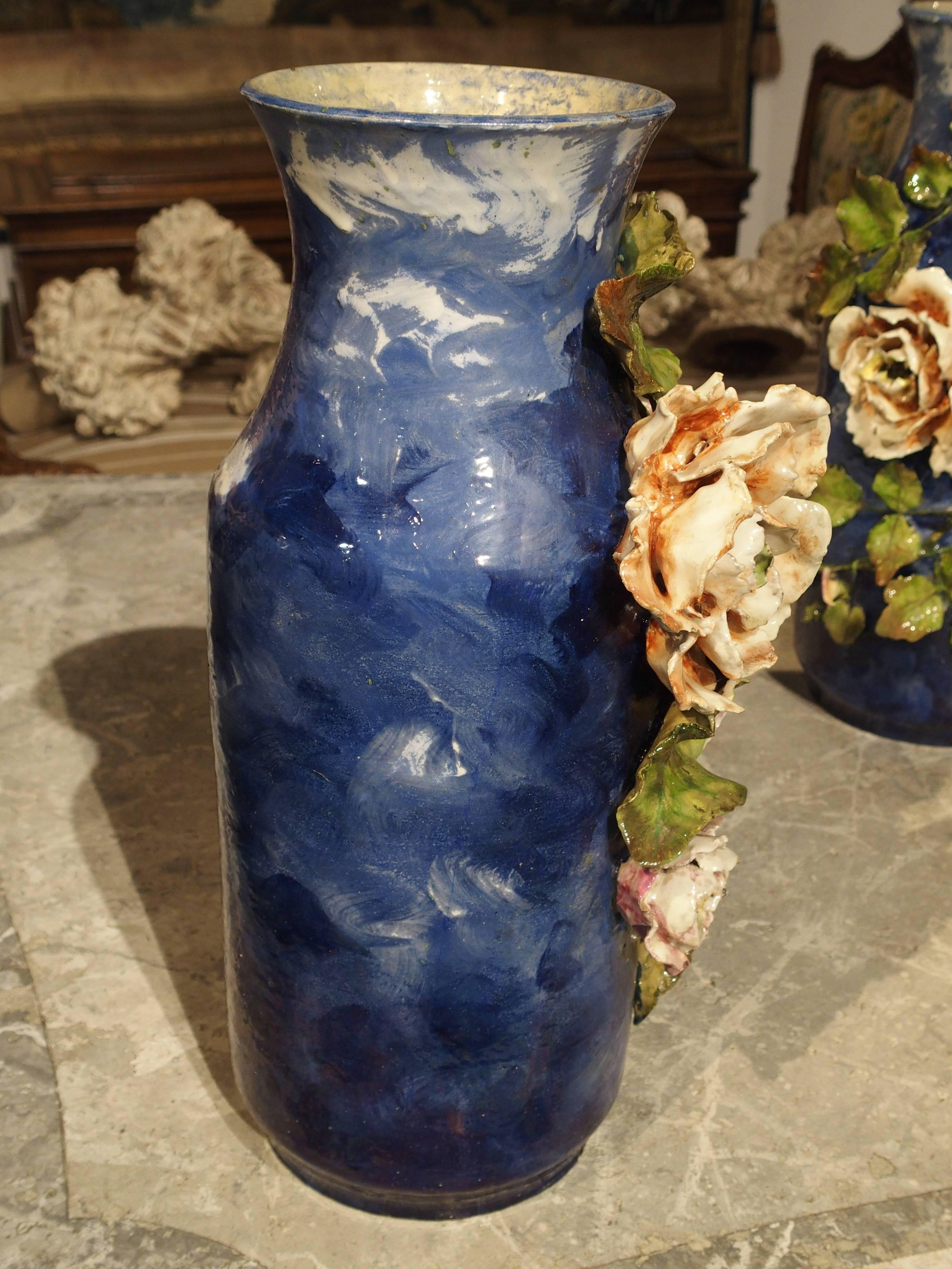 French Pair of Deep Blue Antique Barbotine Vases from France, Jean Pointu