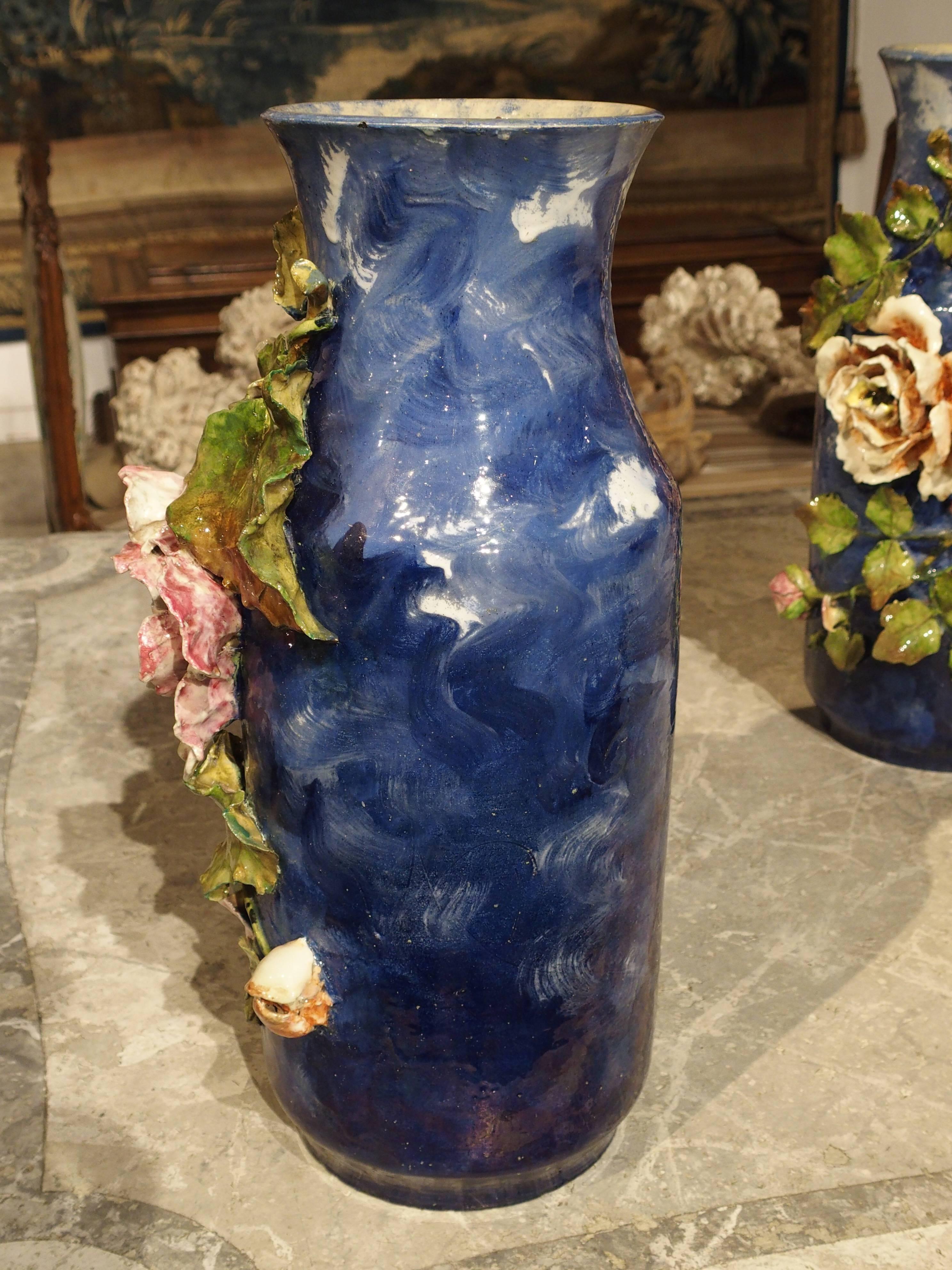 19th Century Pair of Deep Blue Antique Barbotine Vases from France, Jean Pointu