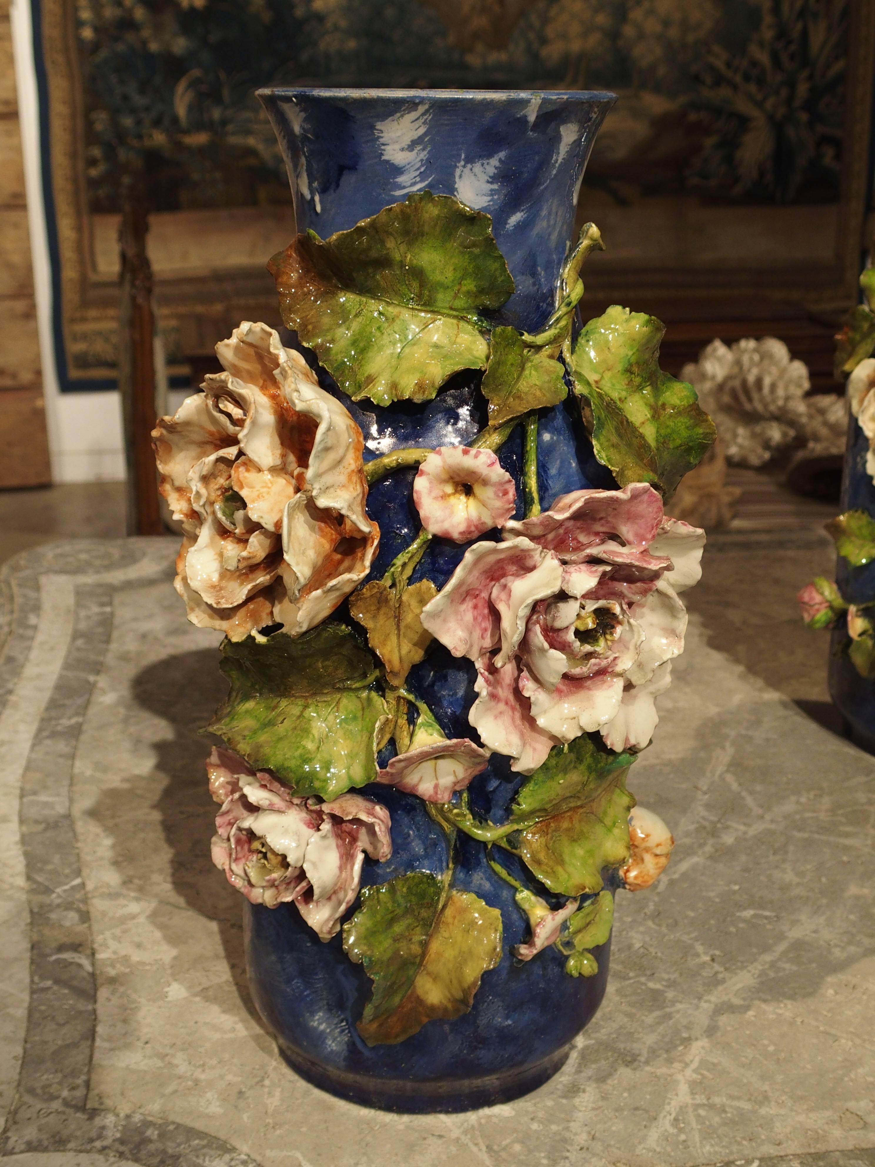 Kaolin Pair of Deep Blue Antique Barbotine Vases from France, Jean Pointu
