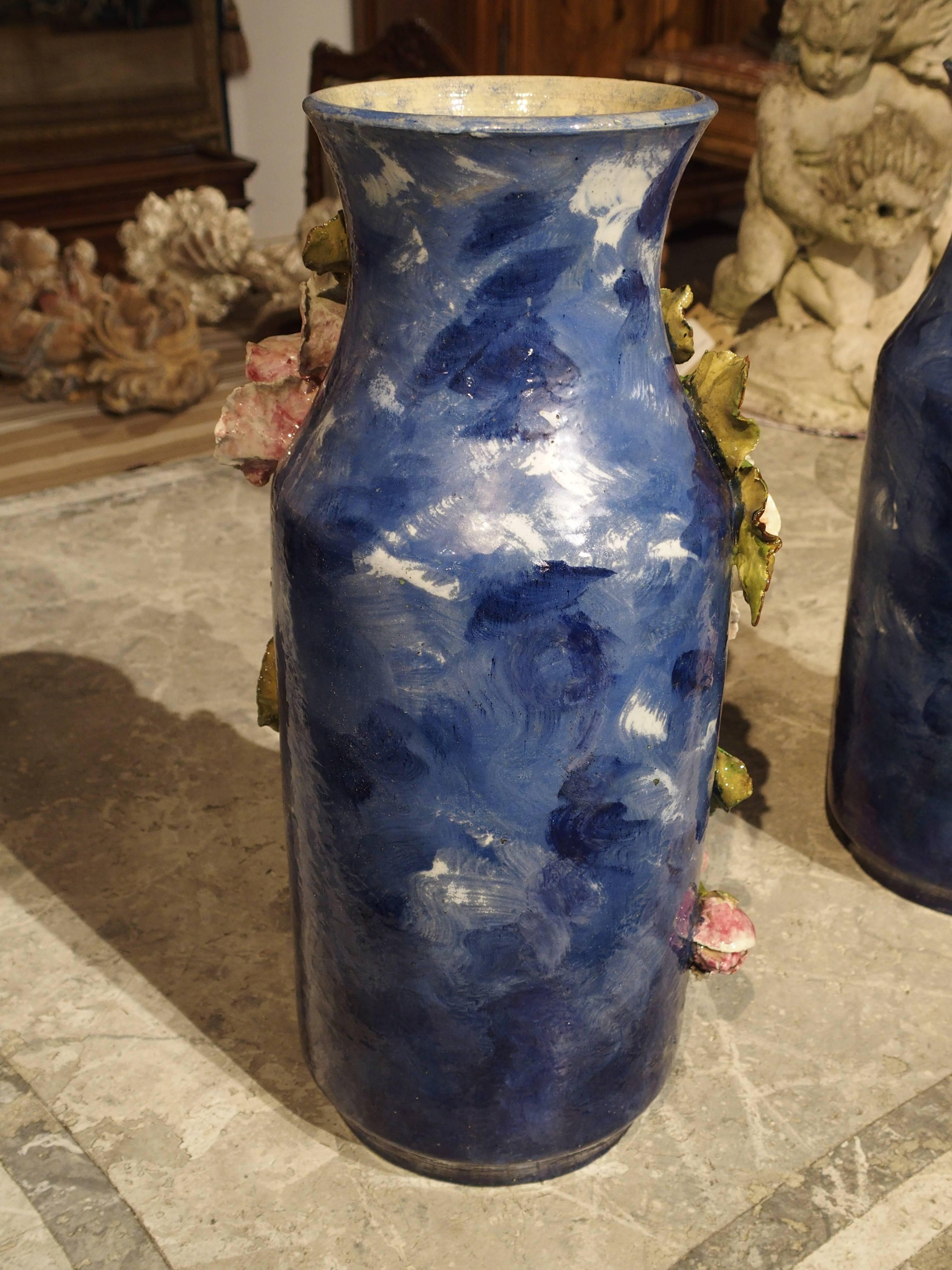 Pair of Deep Blue Antique Barbotine Vases from France, Jean Pointu 2