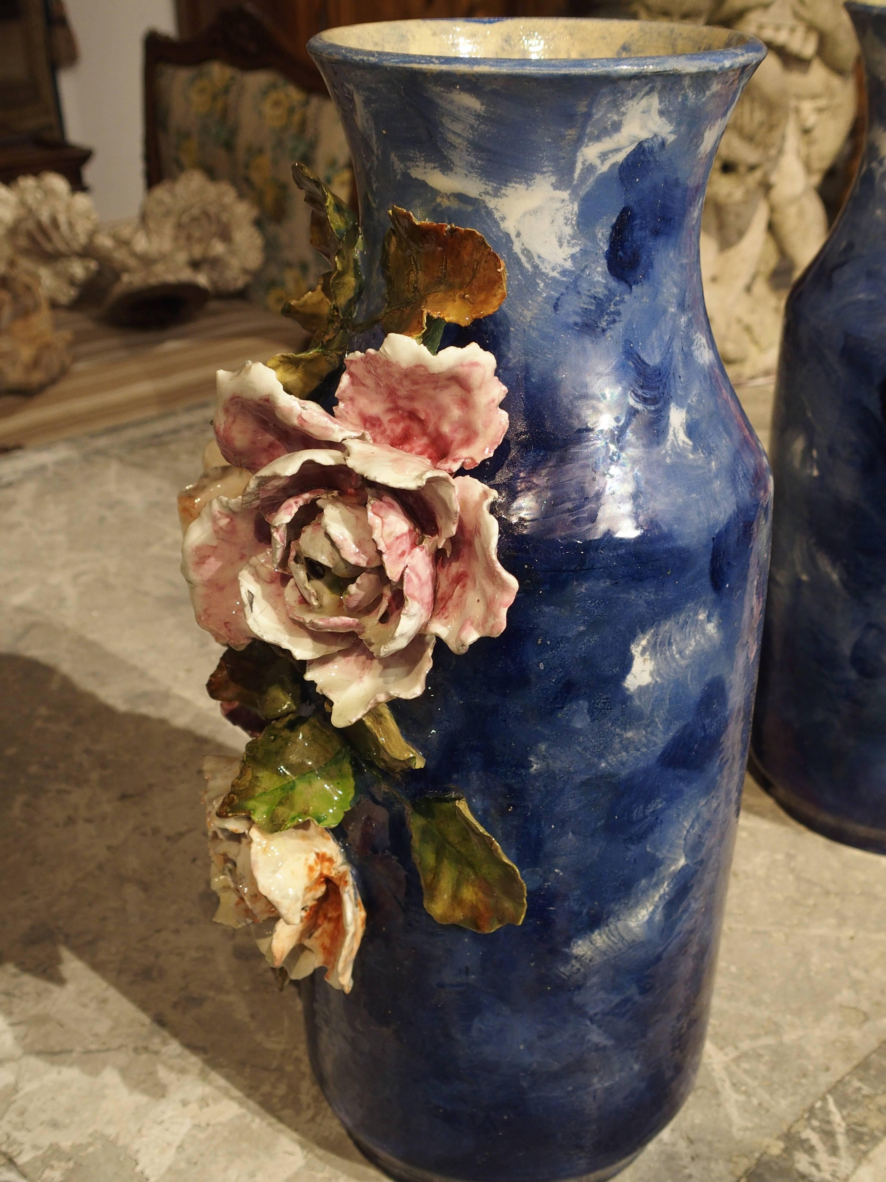Pair of Deep Blue Antique Barbotine Vases from France, Jean Pointu 1
