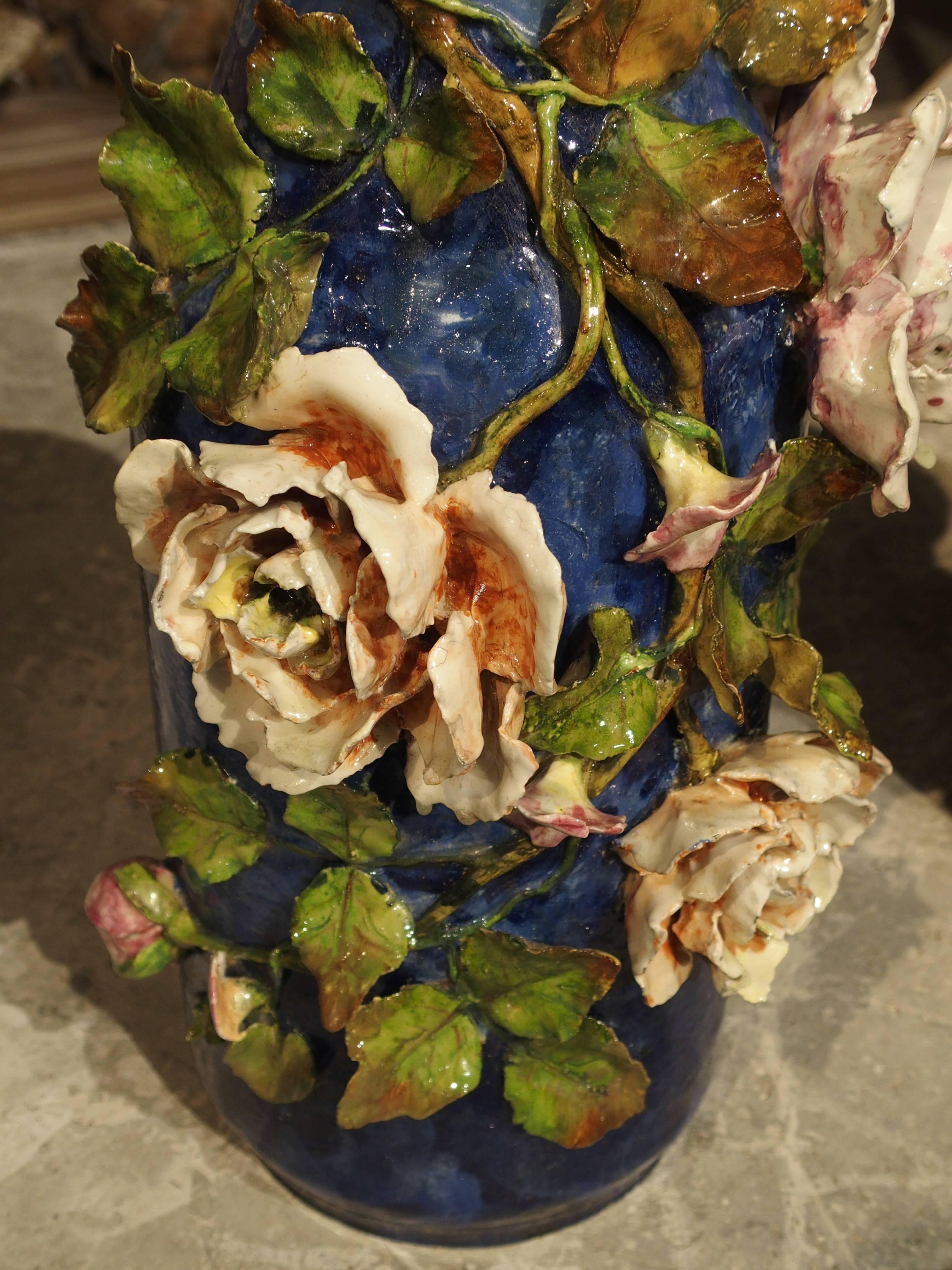 Pair of Deep Blue Antique Barbotine Vases from France, Jean Pointu 3
