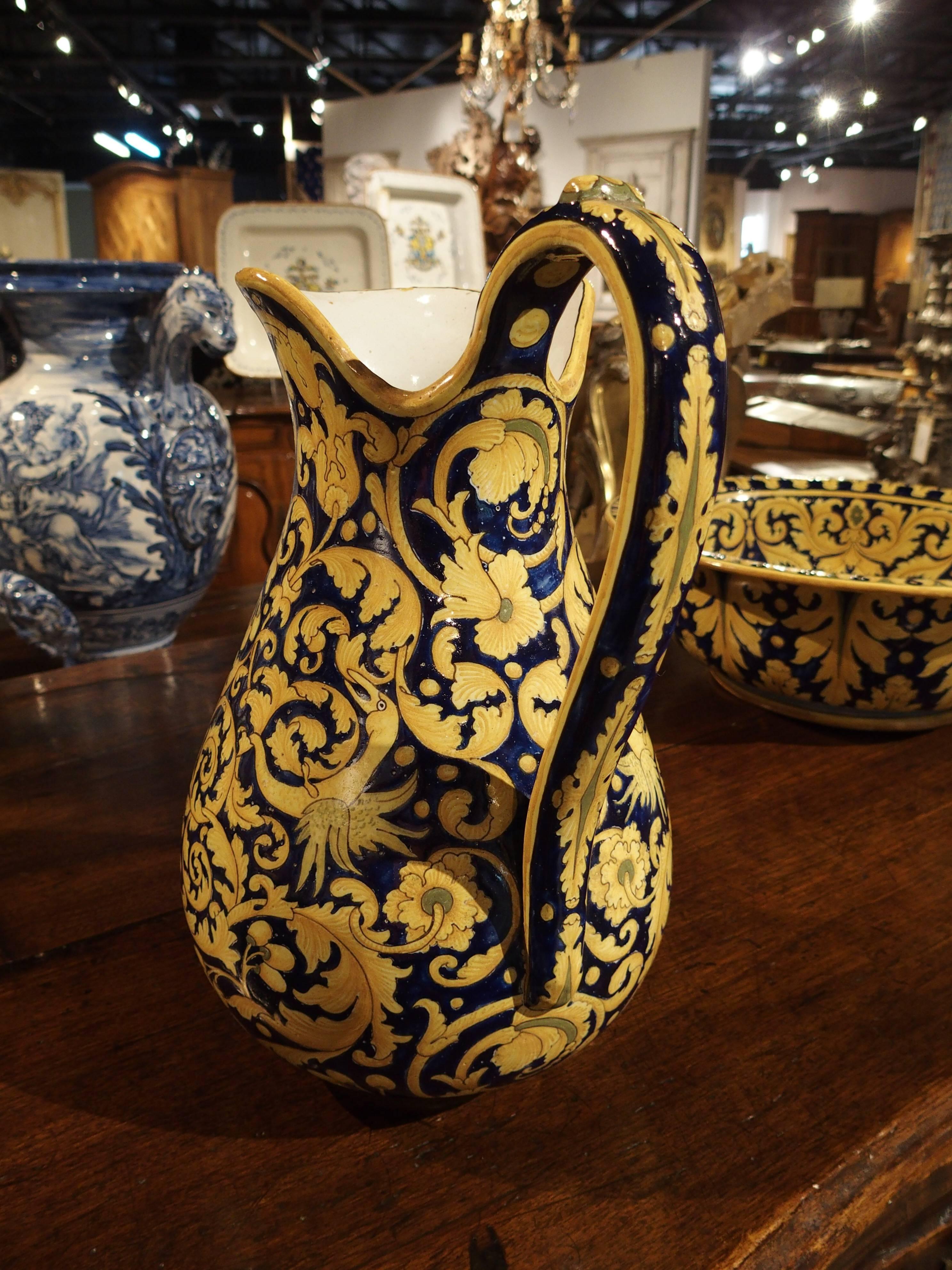 French Antique Nevers Pitcher and Bowl from France, circa 1885