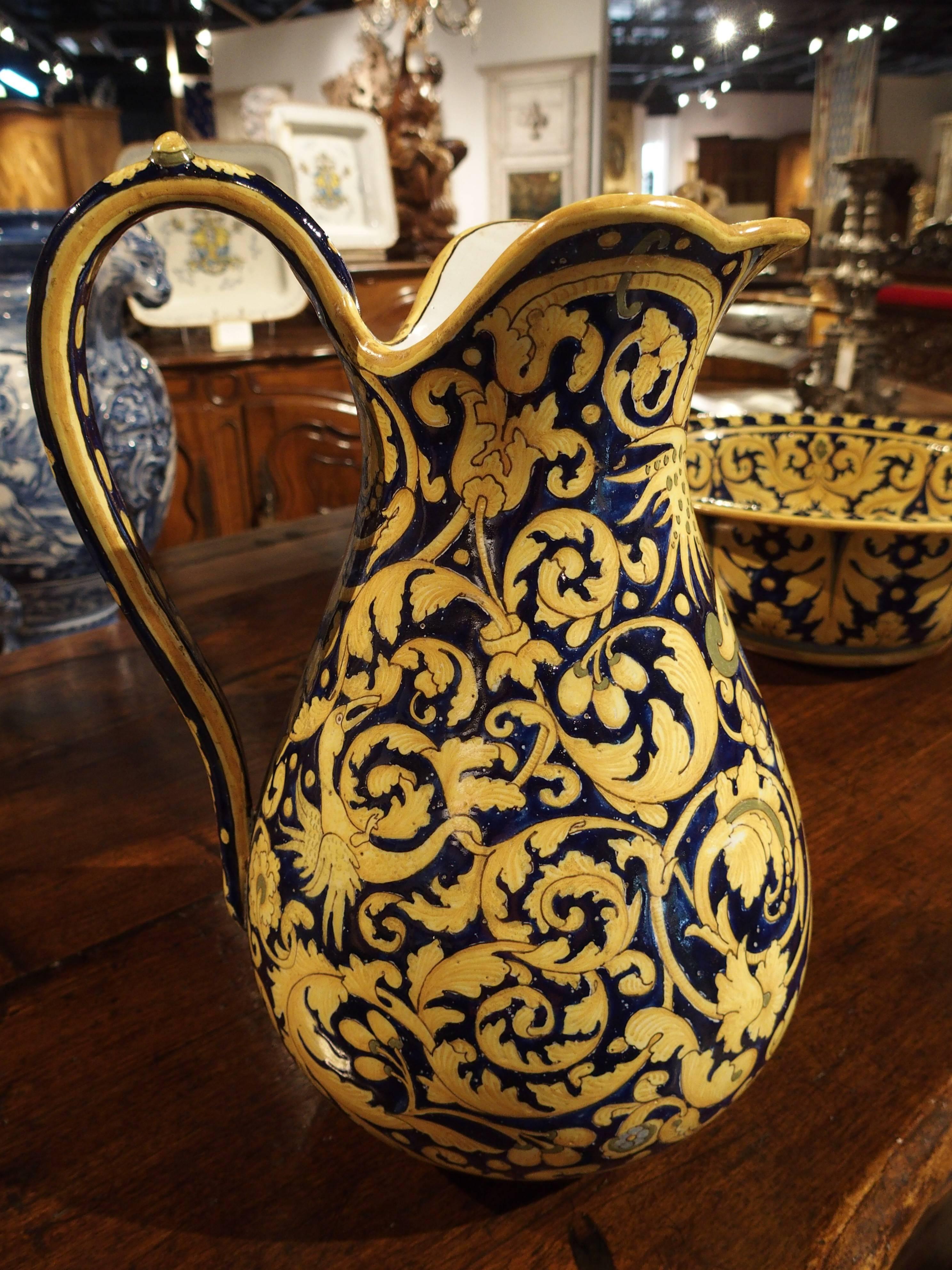 Faience Antique Nevers Pitcher and Bowl from France, circa 1885