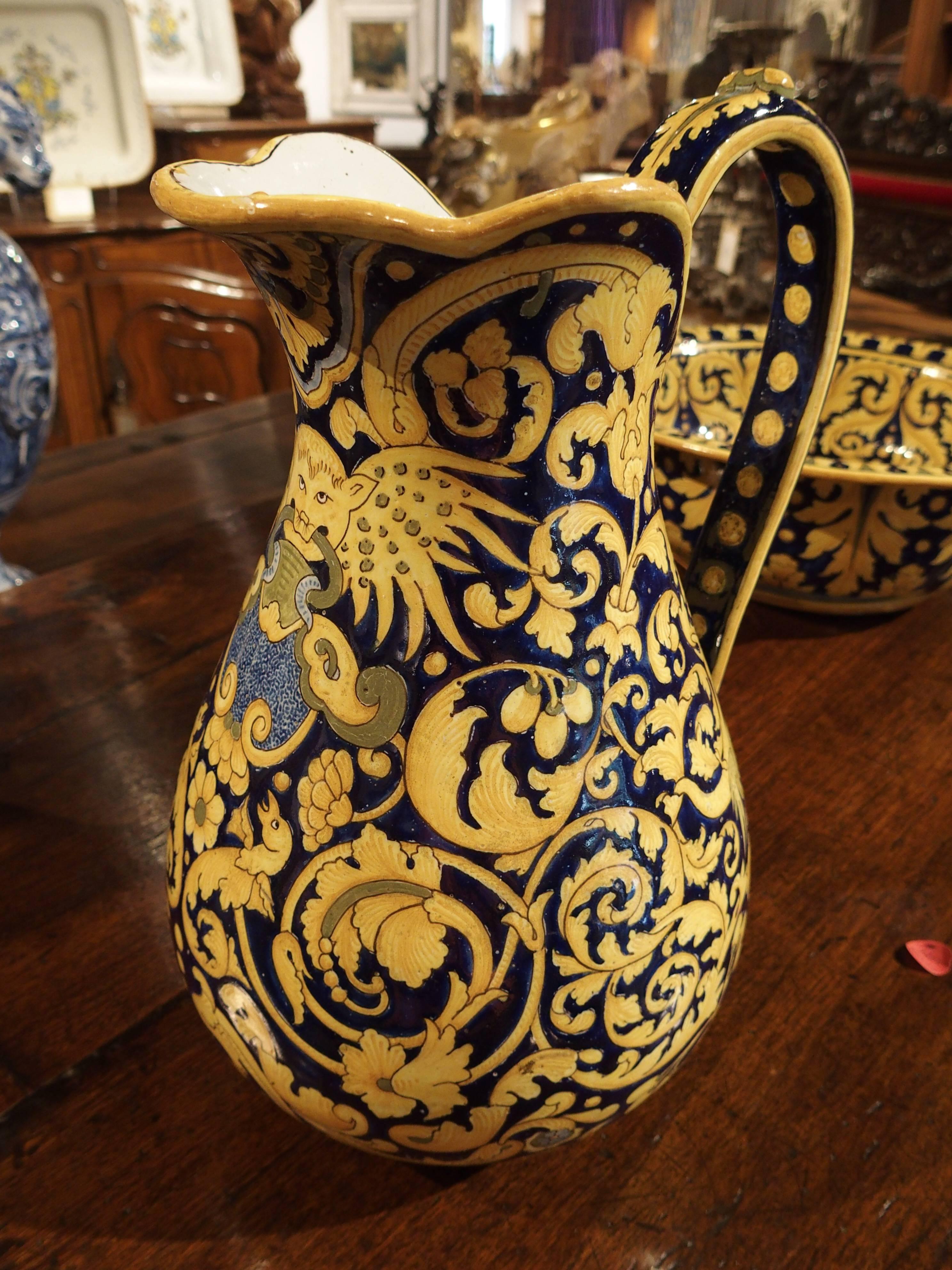 Antique Nevers Pitcher and Bowl from France, circa 1885 1