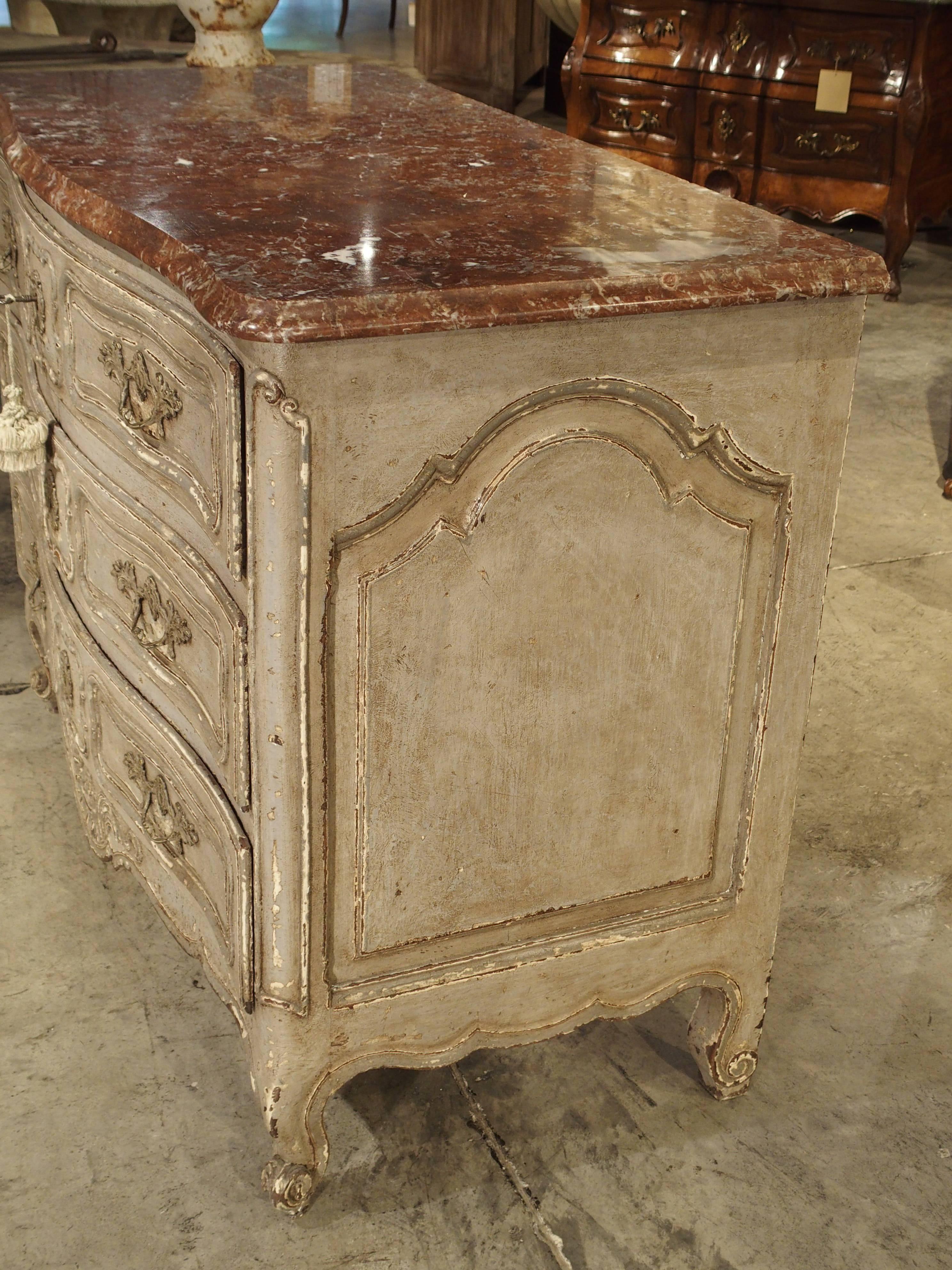 Antique Louis XV Style Painted French Chest of Drawers with Marble Top For Sale 1