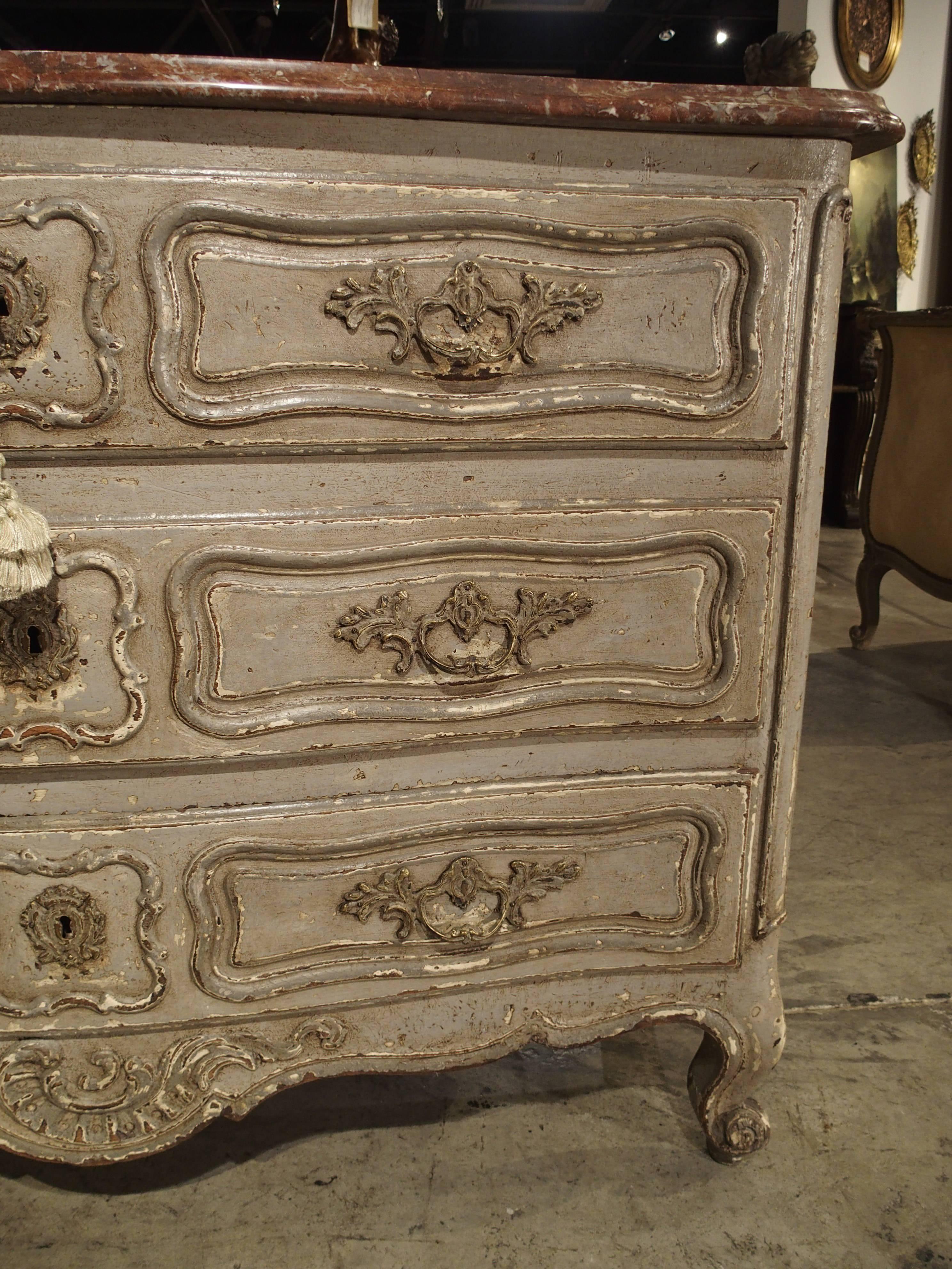 19th Century Antique Louis XV Style Painted French Chest of Drawers with Marble Top For Sale