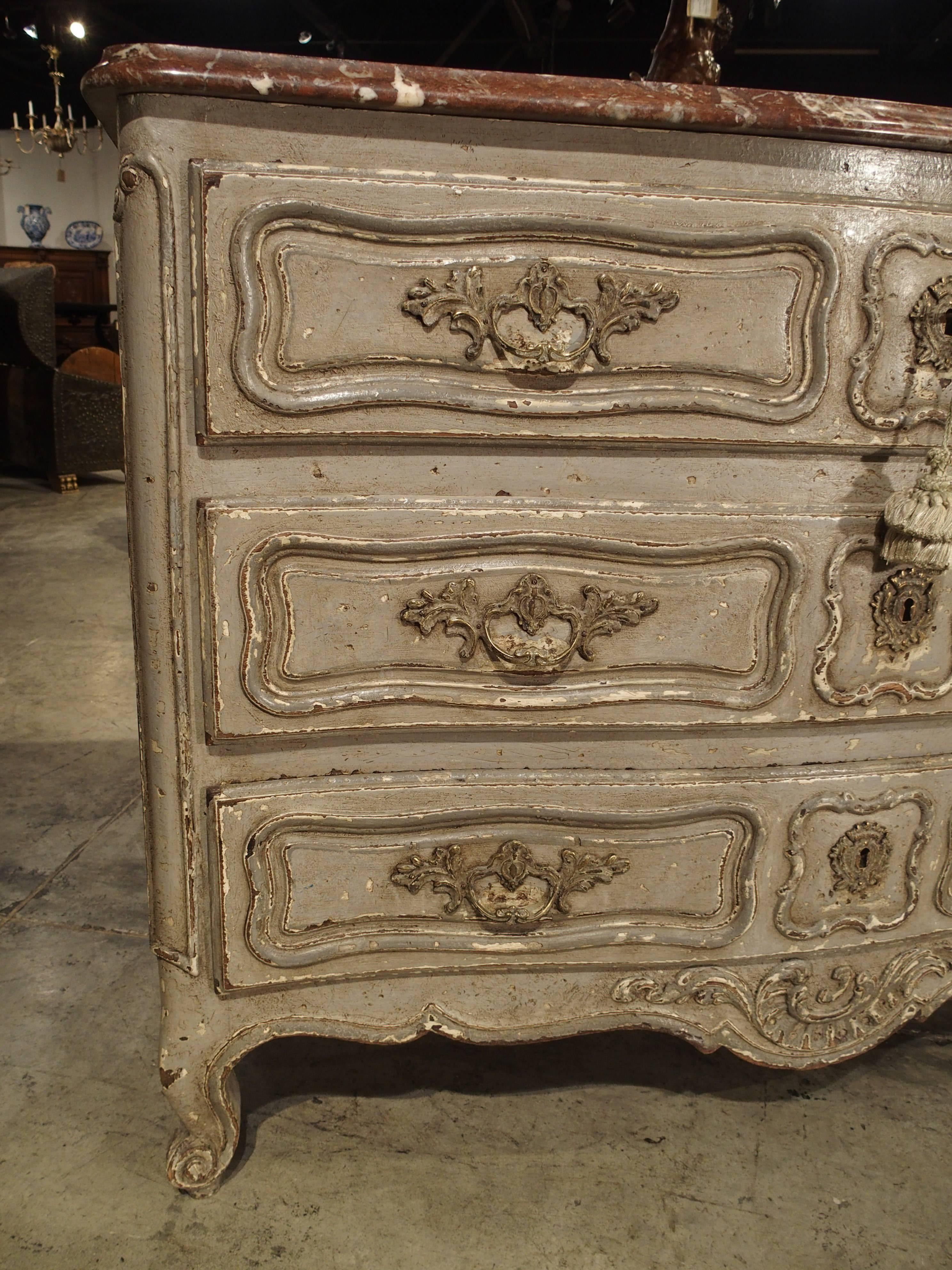 Antique Louis XV Style Painted French Chest of Drawers with Marble Top For Sale 2