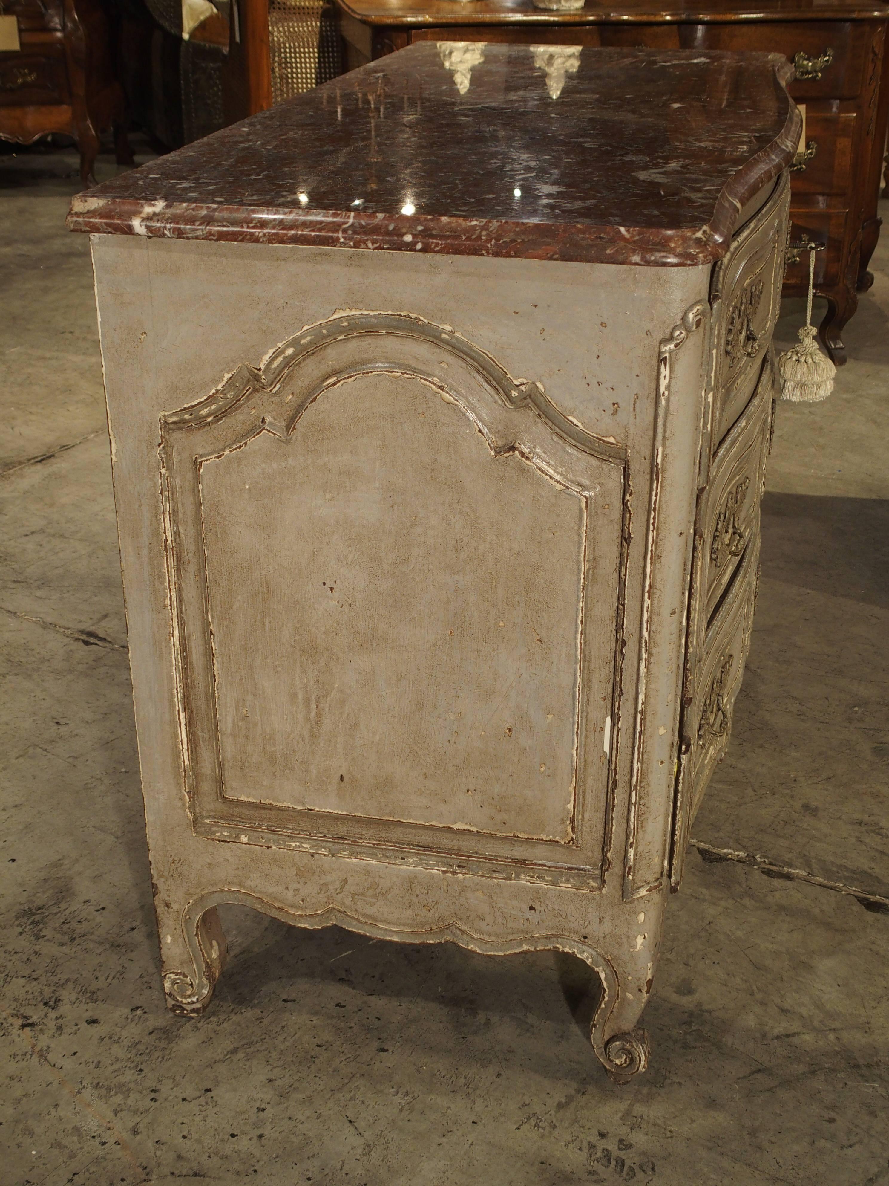 Antique Louis XV Style Painted French Chest of Drawers with Marble Top For Sale 3