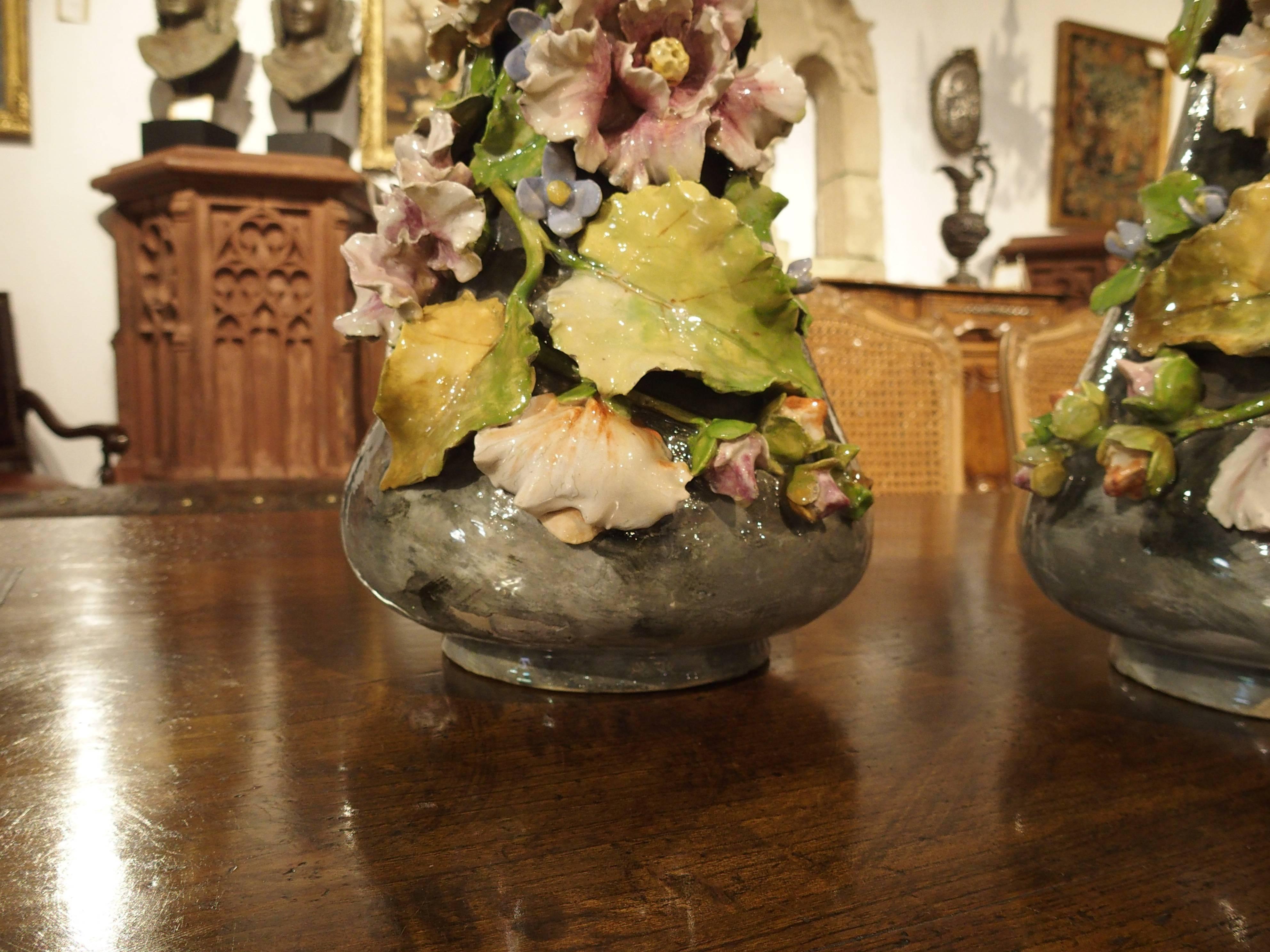Majolica Pair of 19th Century Barbotine Vases from France, Lefront