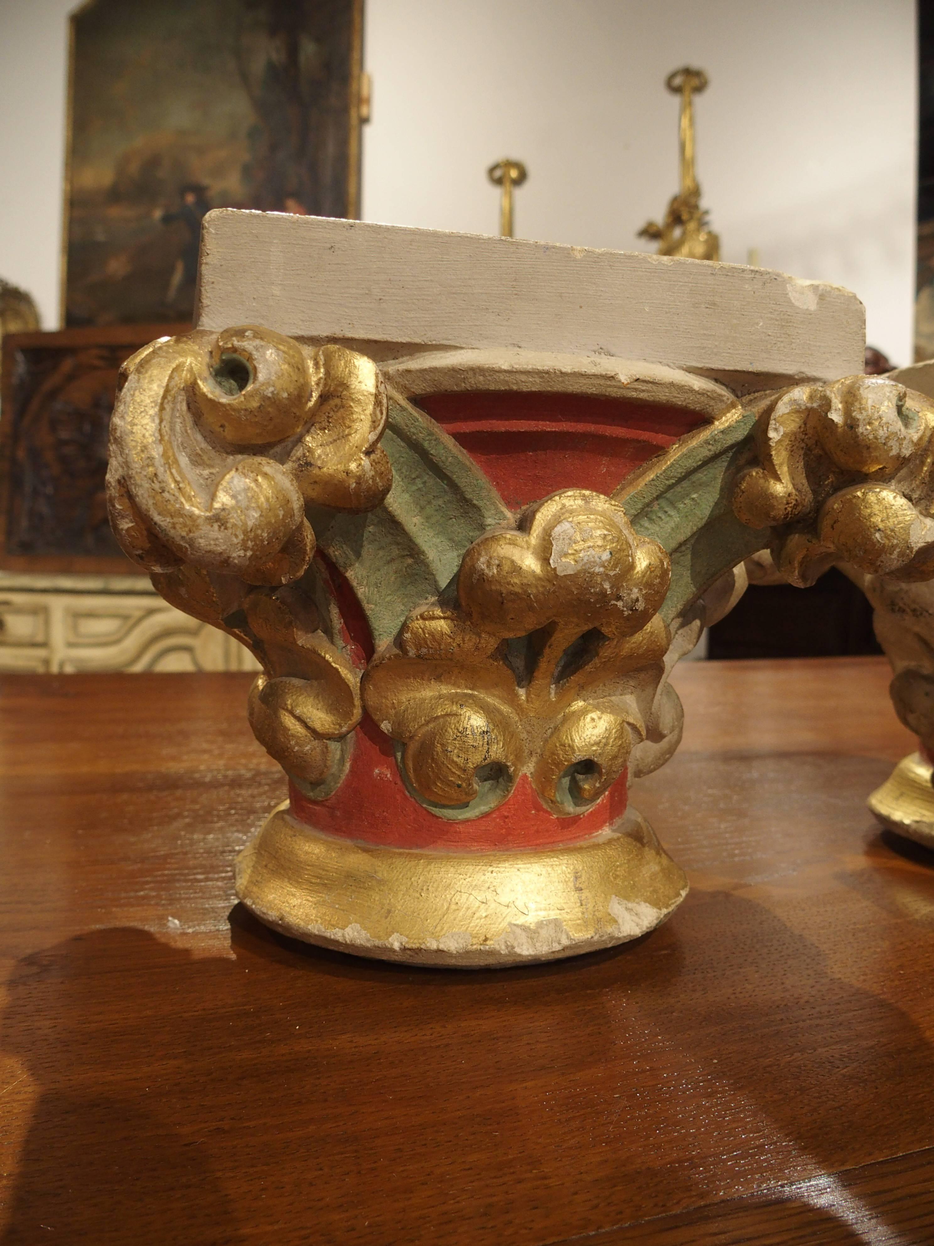 French Pair of Small Painted Antique Stone Capitals from France, 1800s