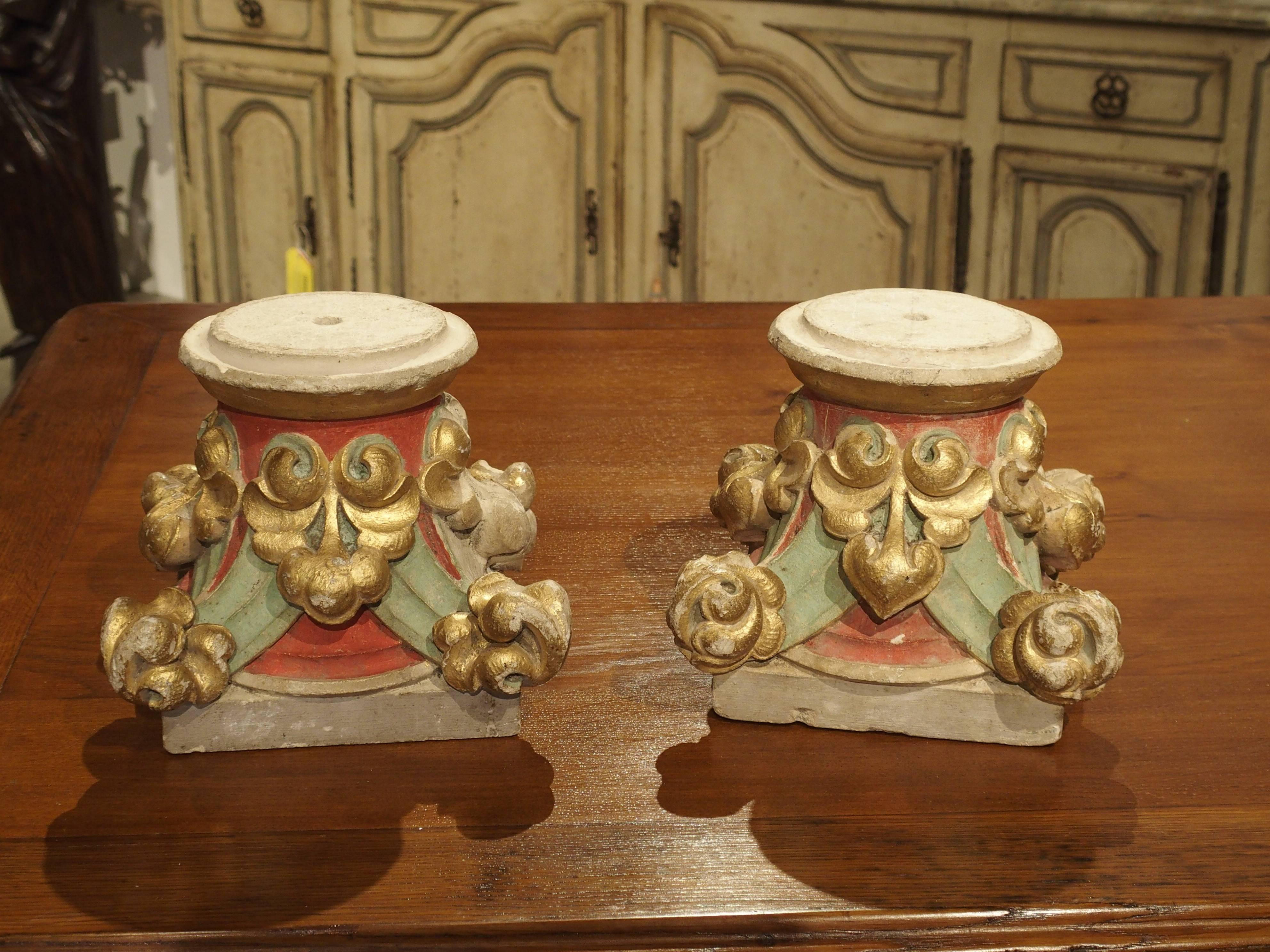 Carved Pair of Small Painted Antique Stone Capitals from France, 1800s