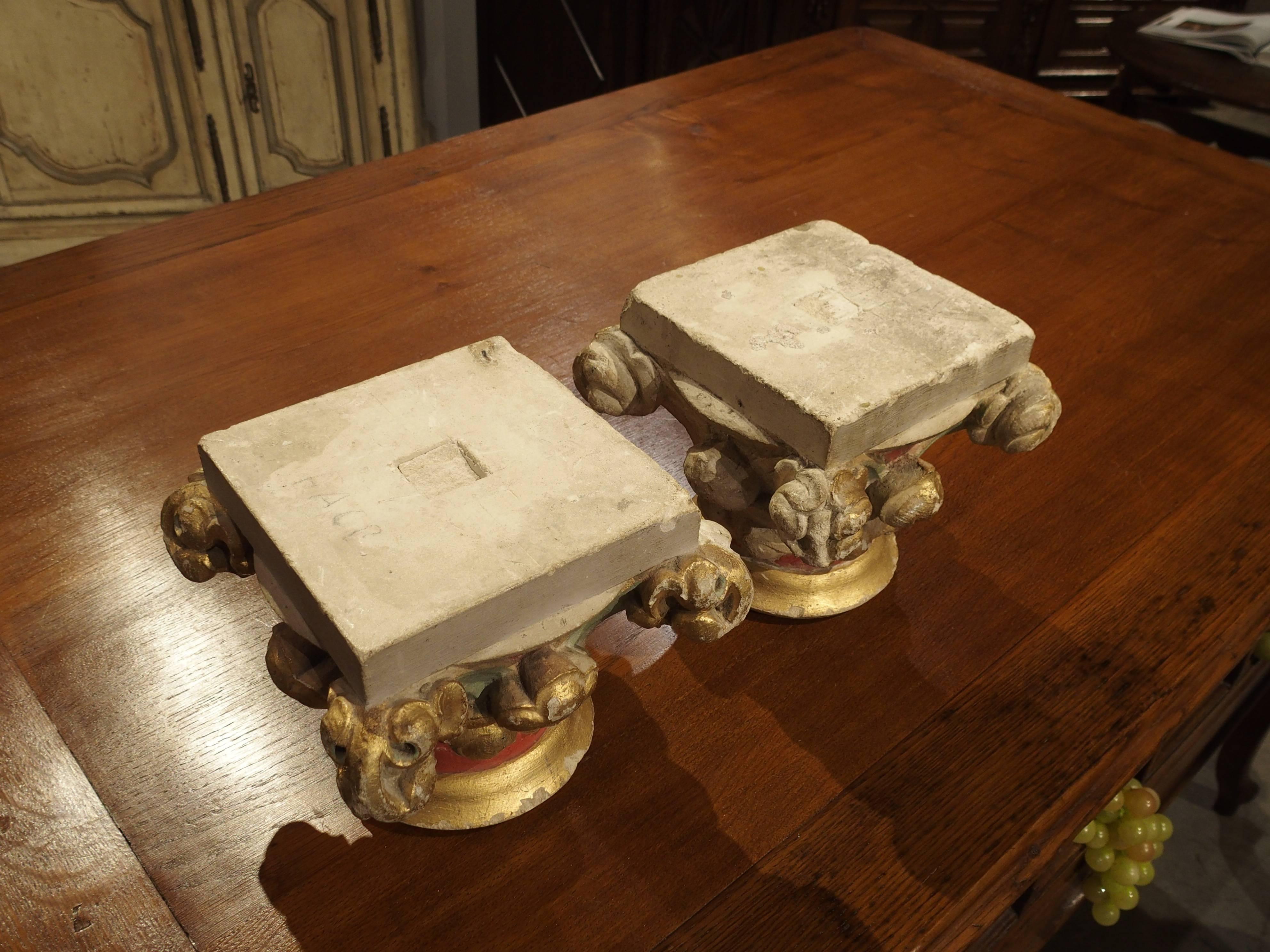 Pair of Small Painted Antique Stone Capitals from France, 1800s In Good Condition In Dallas, TX