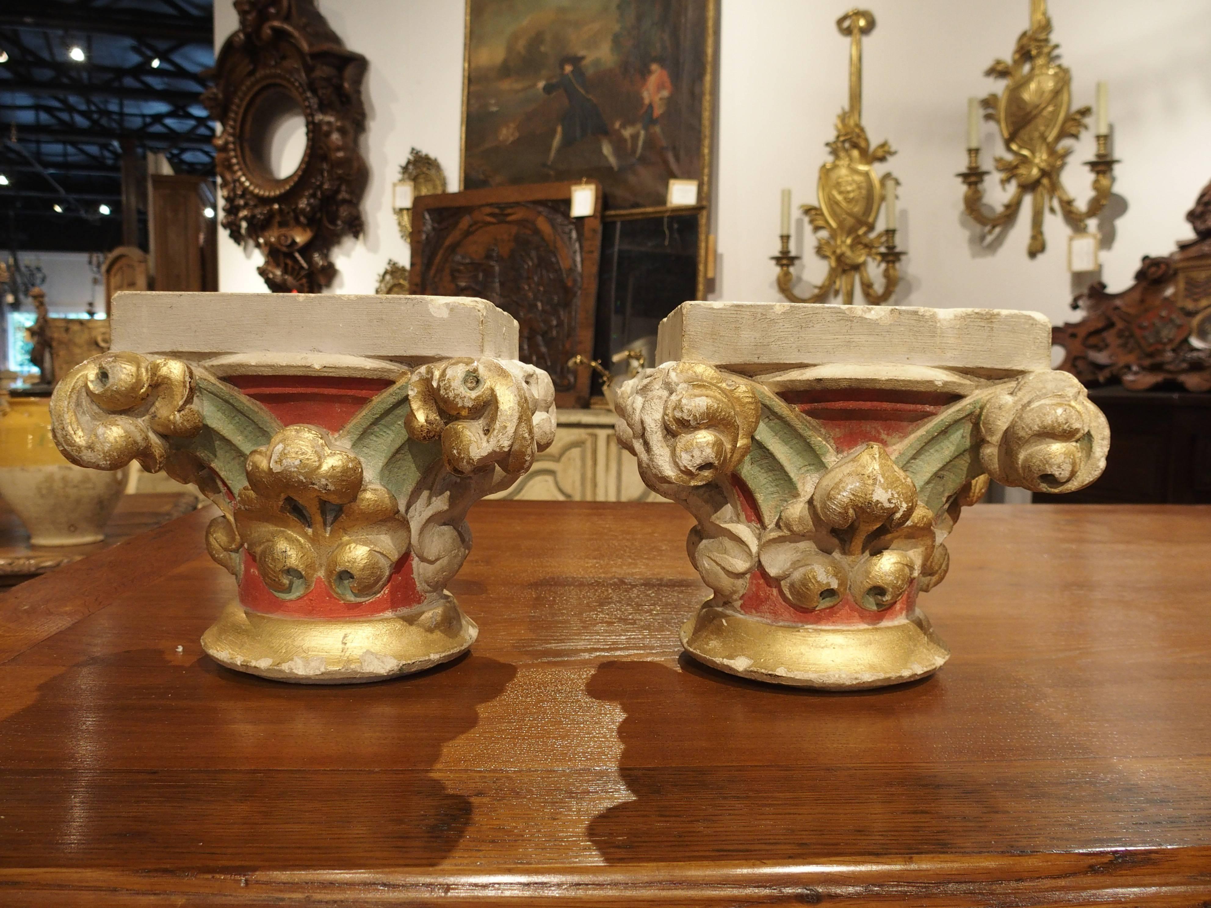 Pair of Small Painted Antique Stone Capitals from France, 1800s 1