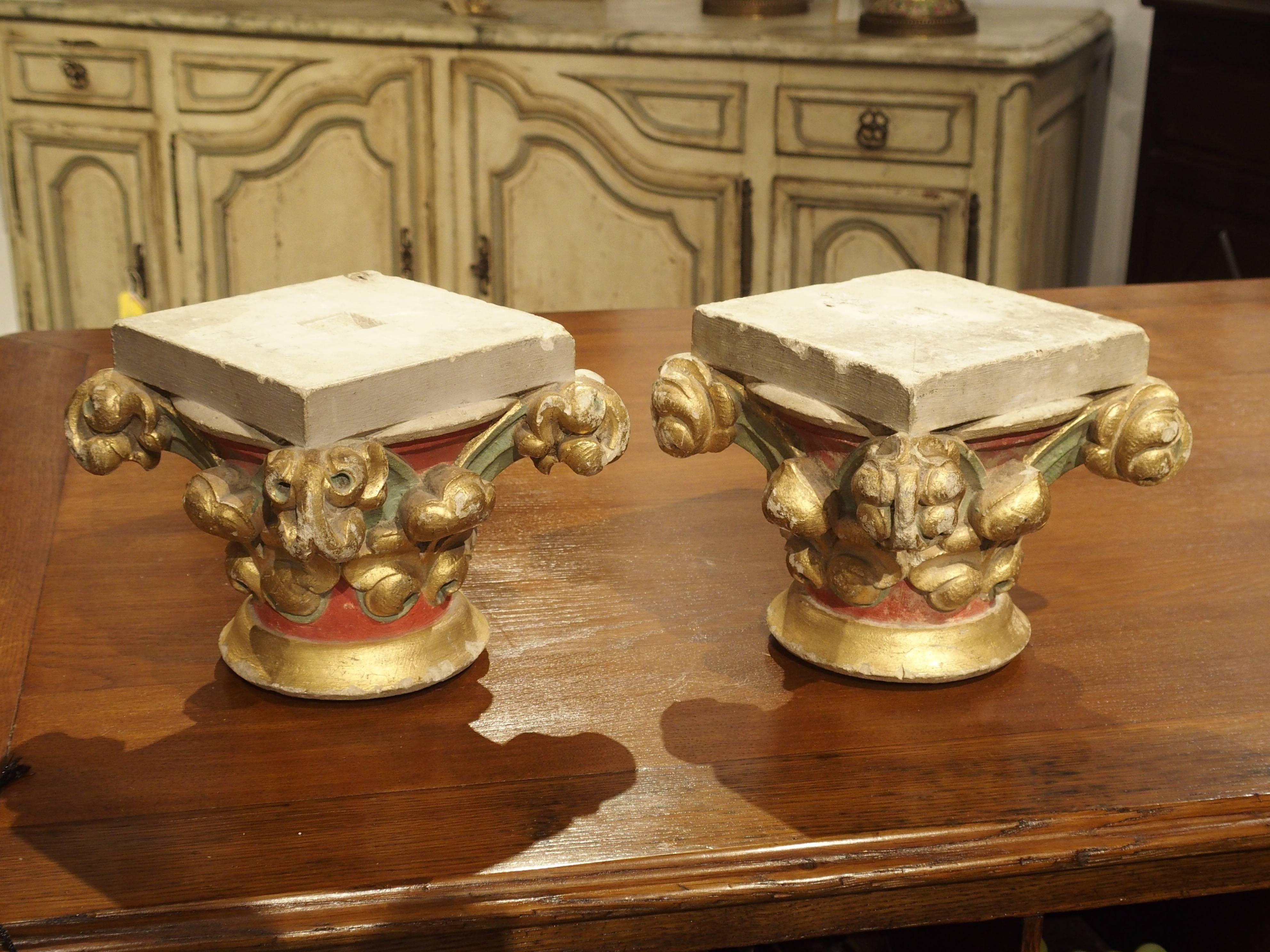 Pair of Small Painted Antique Stone Capitals from France, 1800s 2