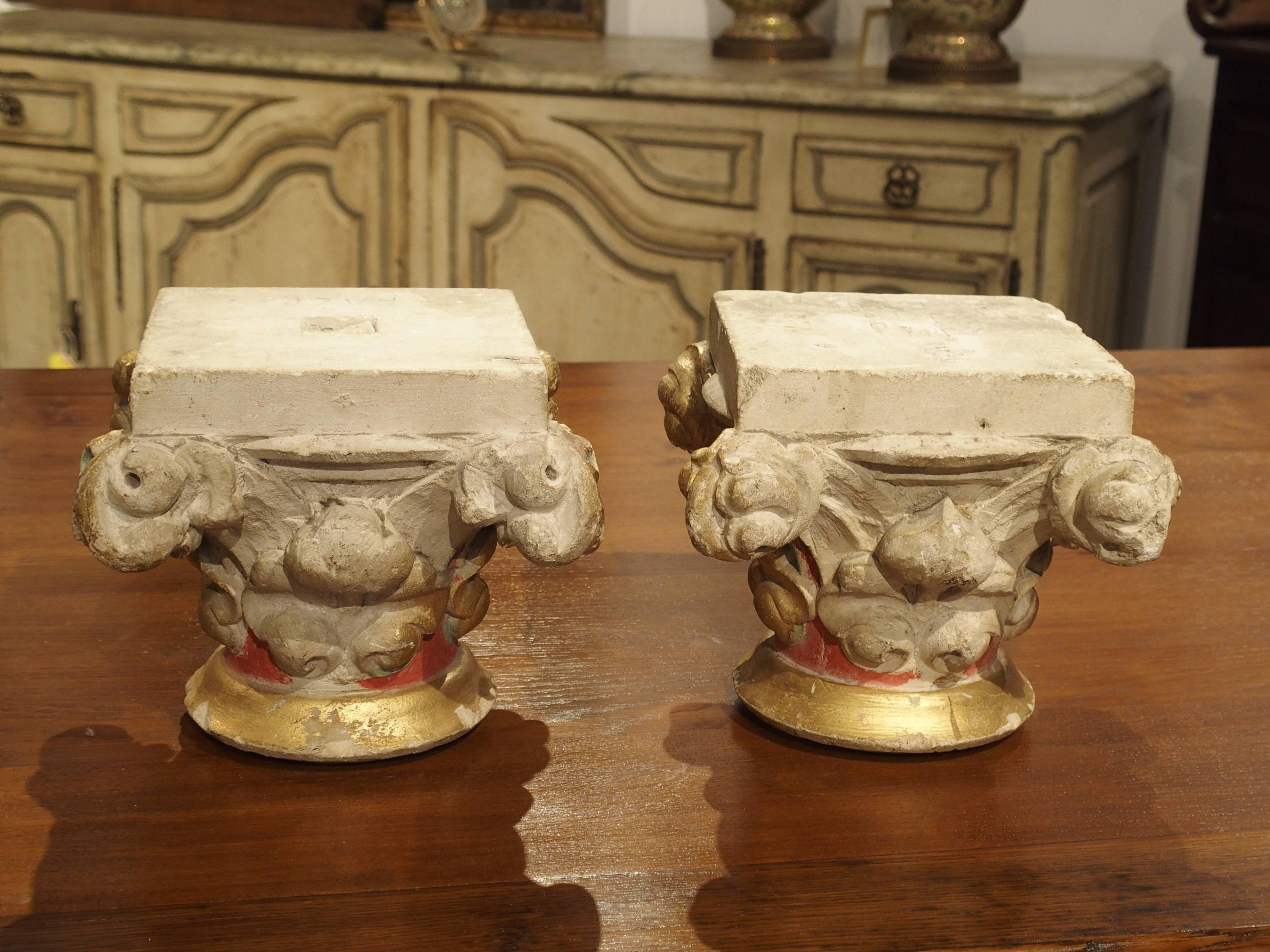 Pair of Small Painted Antique Stone Capitals from France, 1800s 4