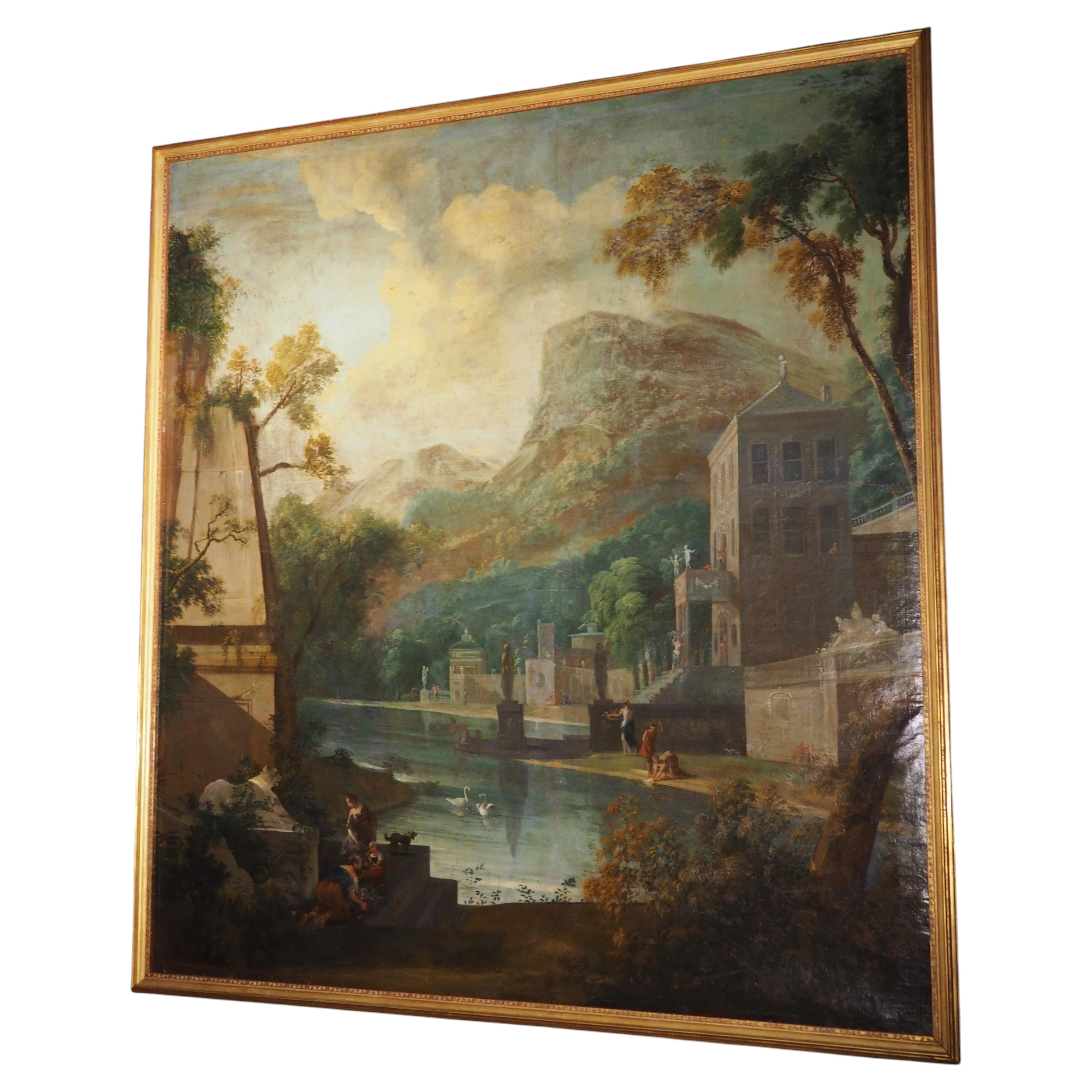 Rare and Monumental 18th C Italianate Landscape Oil on Canvas, Dutch Old Master For Sale