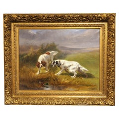 Antique French Hunt Painting of Setters and a Mallard, Oil on Canvas, 1904