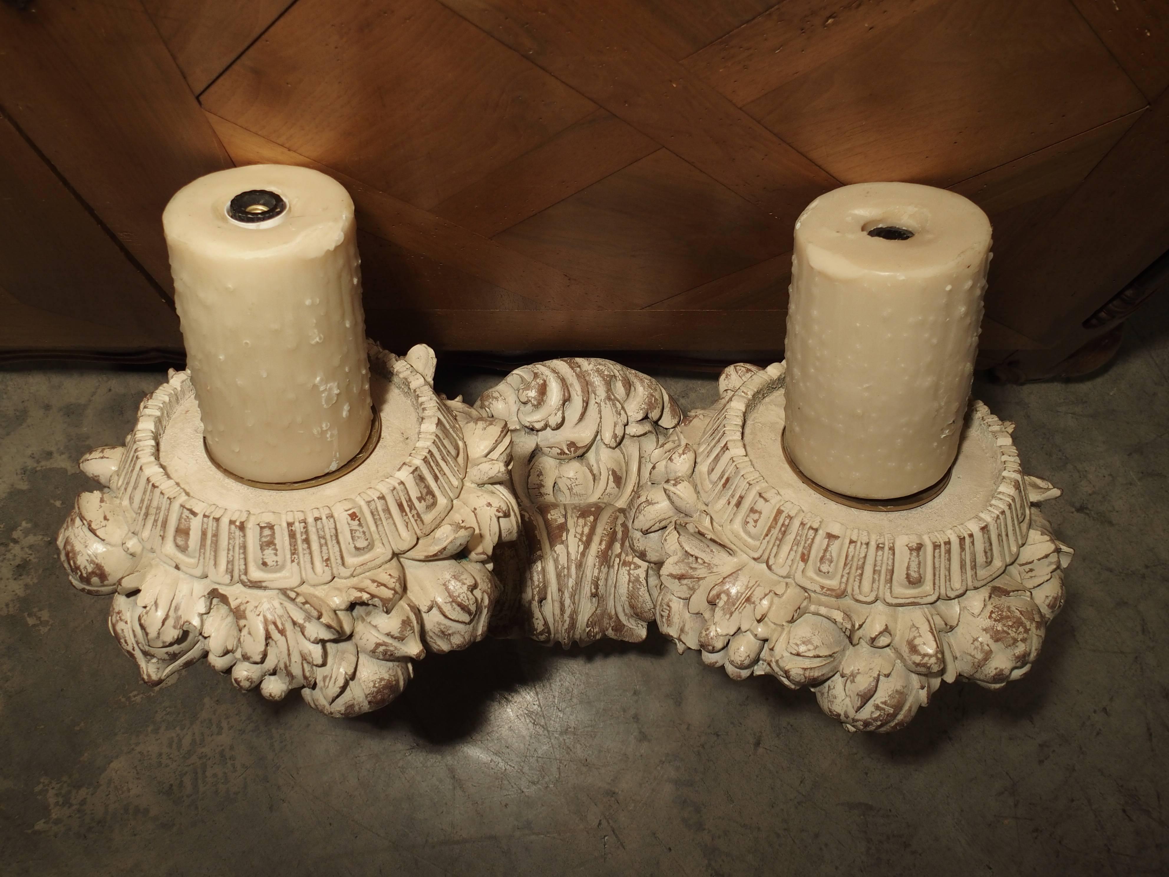 European Pair of Large Carved and Parcel Painted Wooden Sconces For Sale