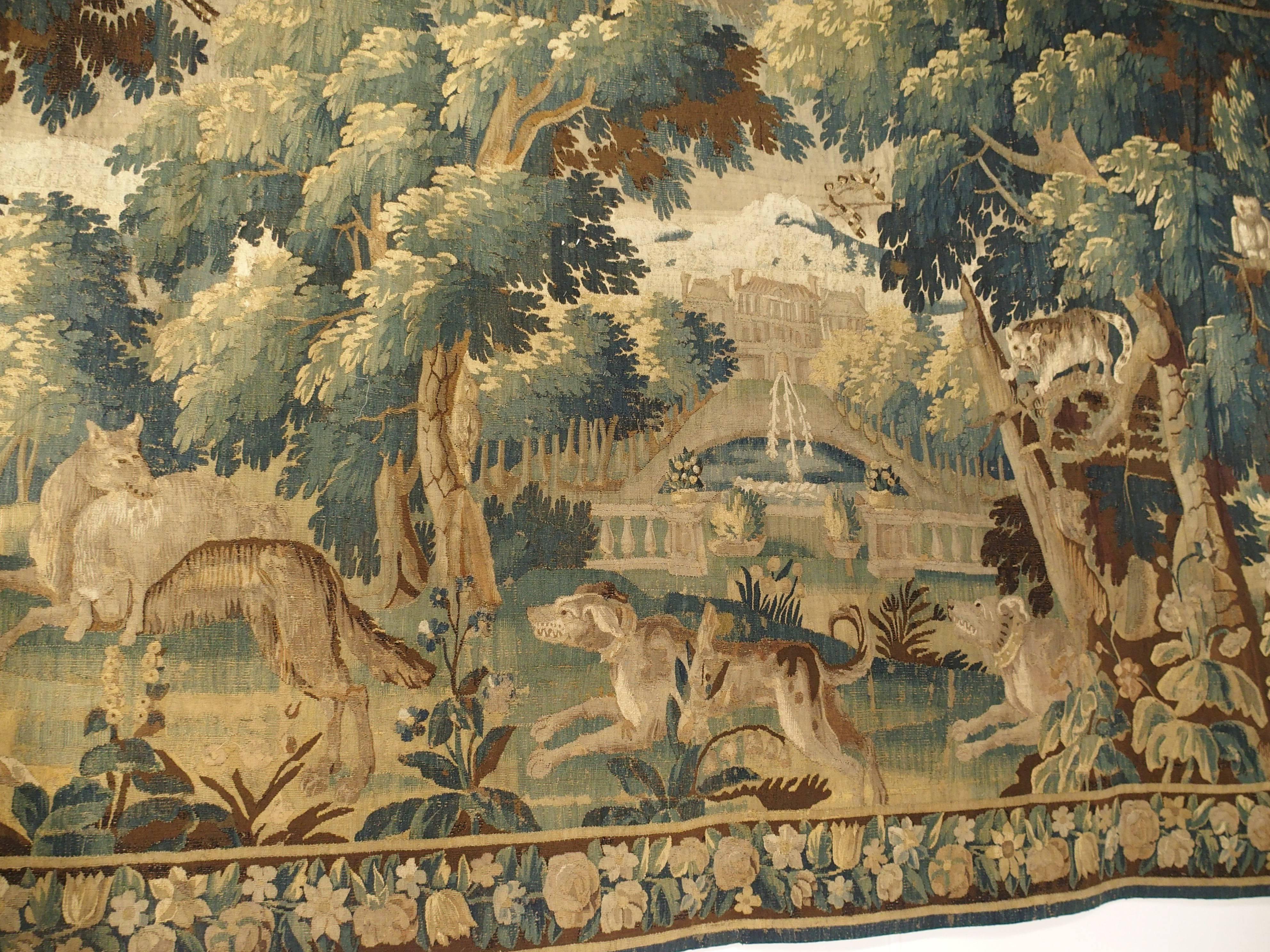 French Late 17th Century Aubusson Tapestry, Dogs Chasing Wolf