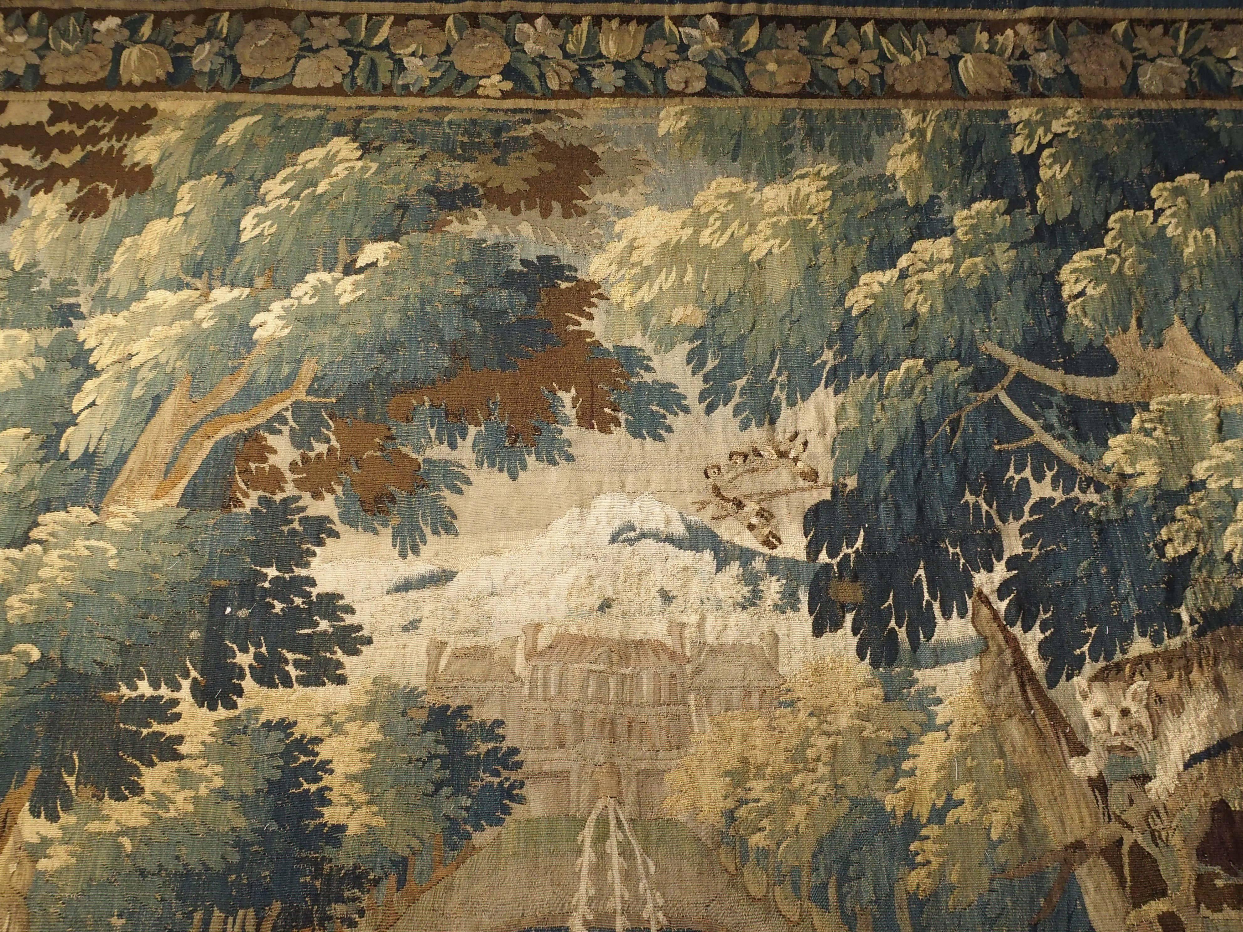 Woven Late 17th Century Aubusson Tapestry, Dogs Chasing Wolf