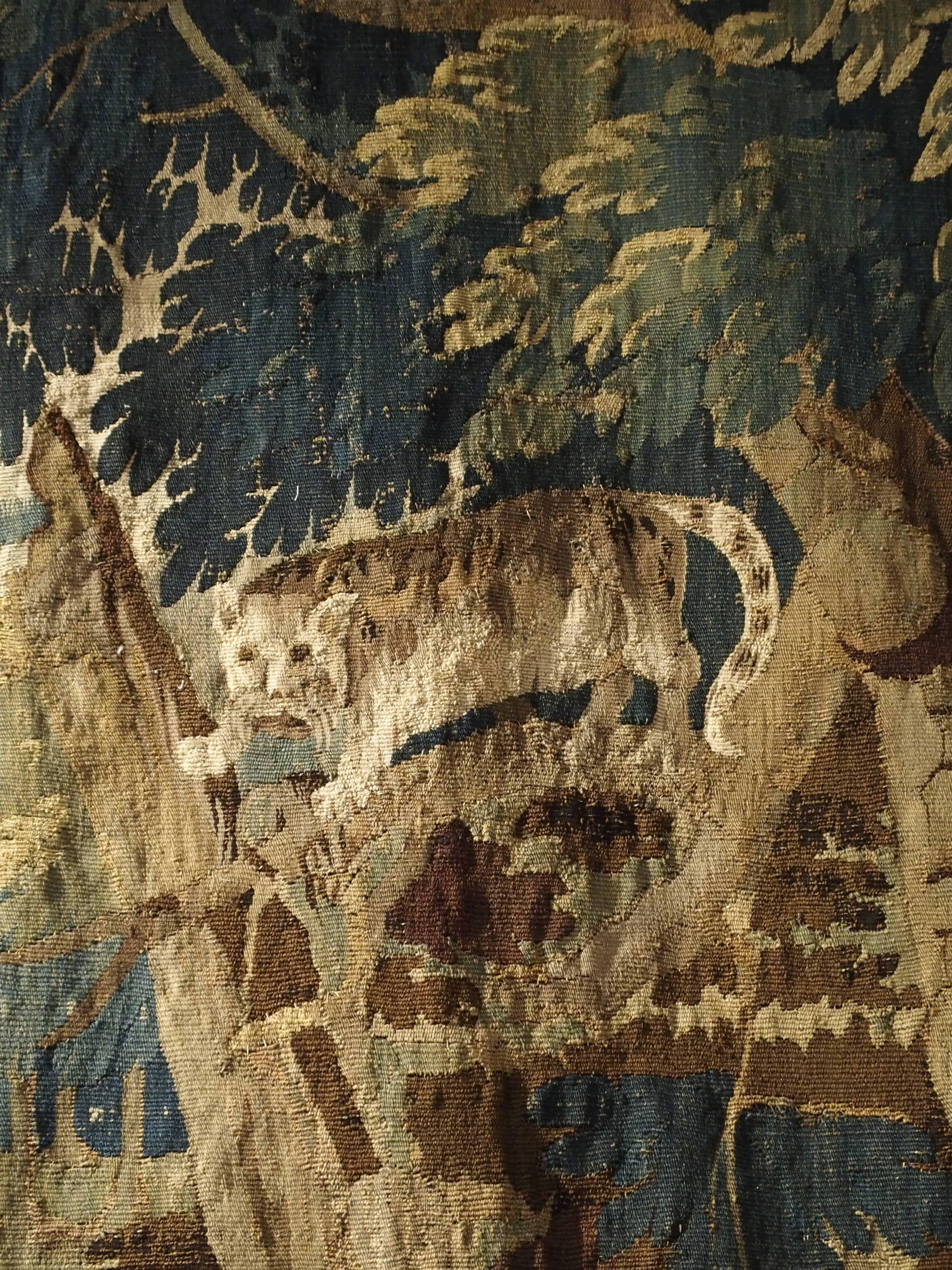 18th Century and Earlier Late 17th Century Aubusson Tapestry, Dogs Chasing Wolf