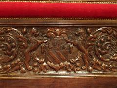 19th Century Renaissance Style Carved Walnut Wood Bench with Red Velvet