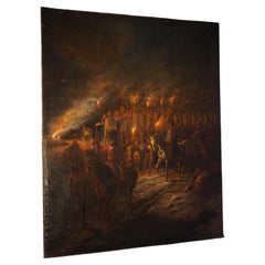 Napoléon et ses troupes, grande peinture ancienne à l'huile sur toile, 96,5 x 78 pouces