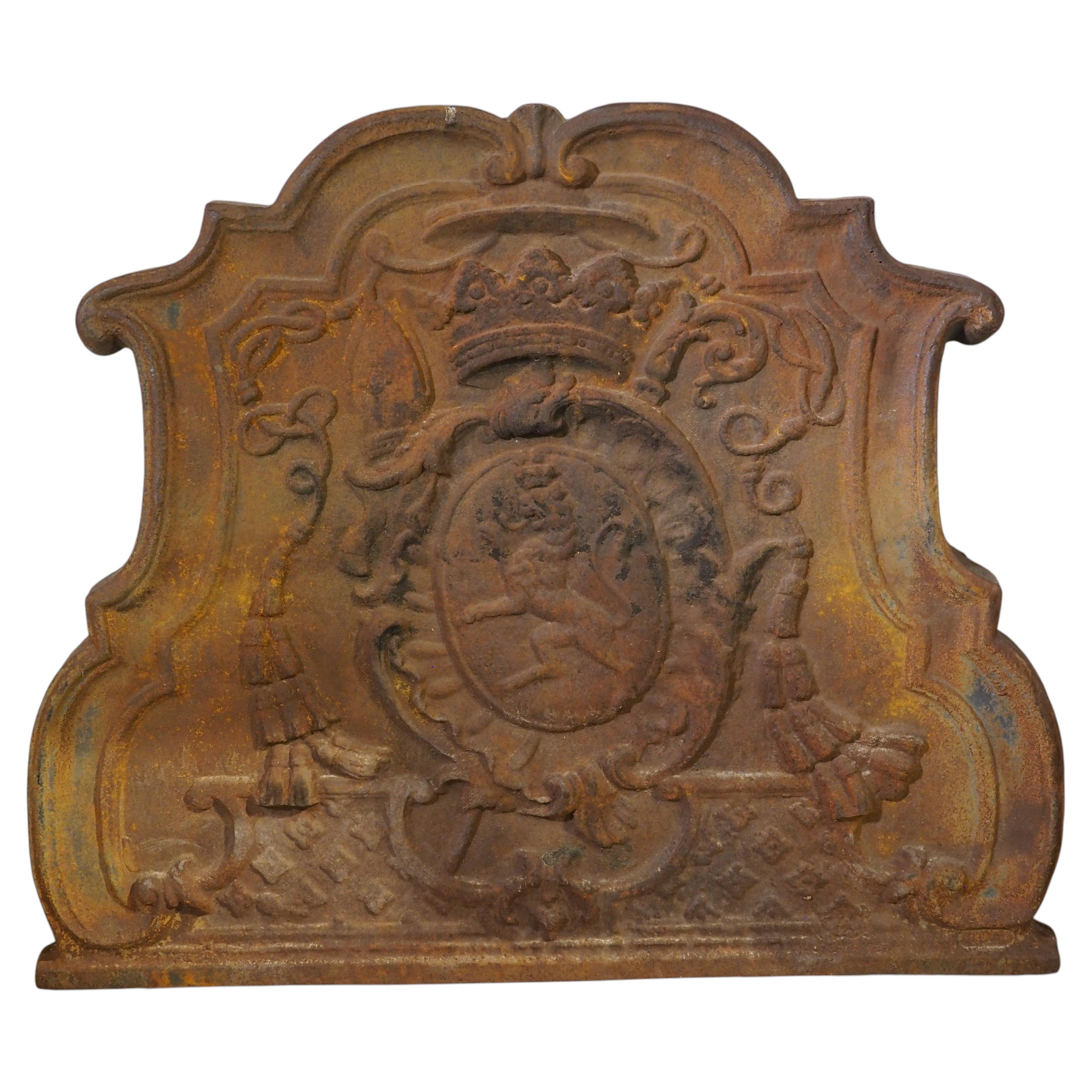 Large 19th Century French Cast Iron Fireback with Rampant Lion and Crown