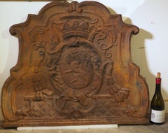 Large 19th Century French Cast Iron Fireback with Rampant Lion and Crown