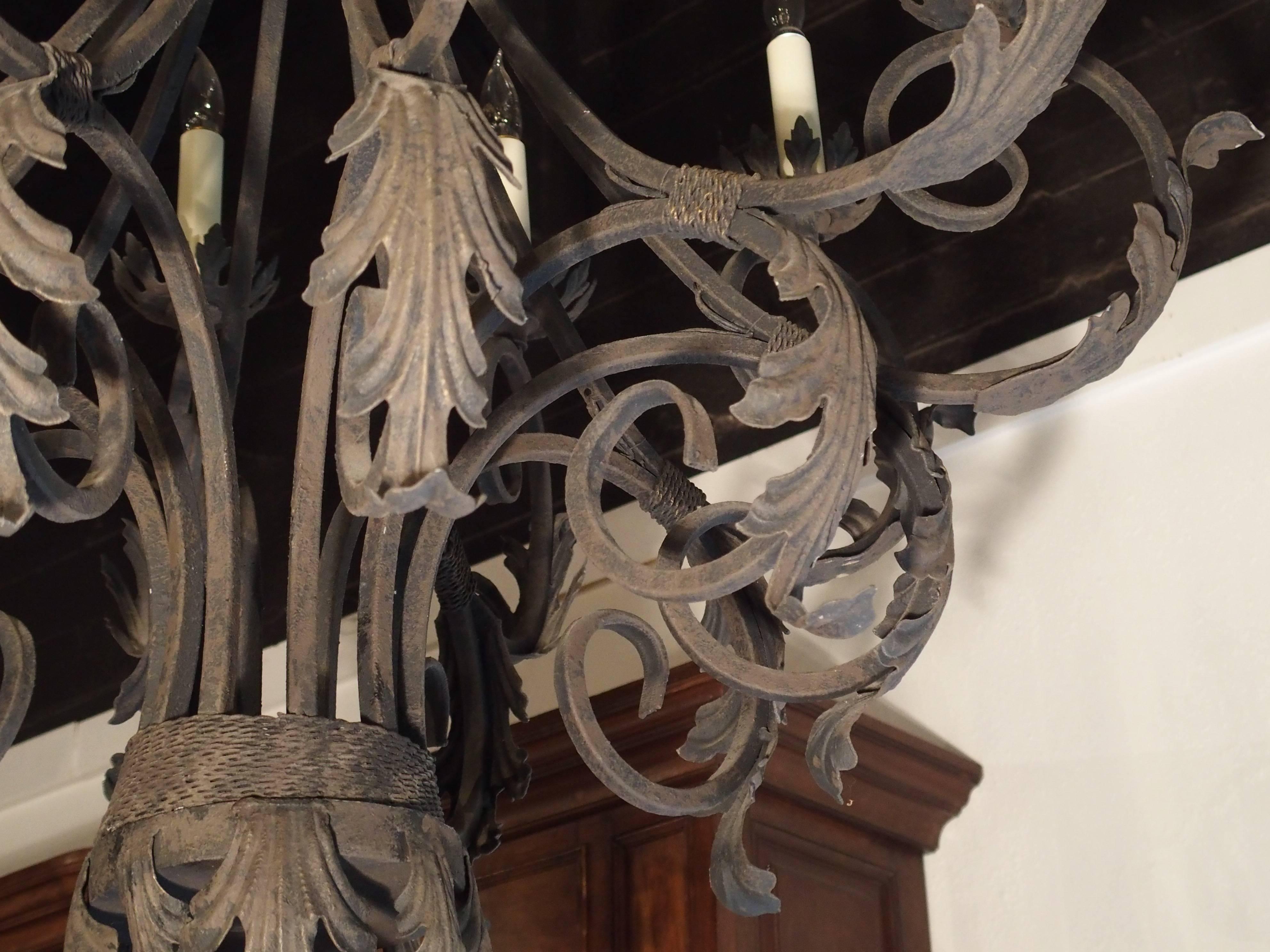 French Large Painted Iron Acanthus Leaf Chandelier from France