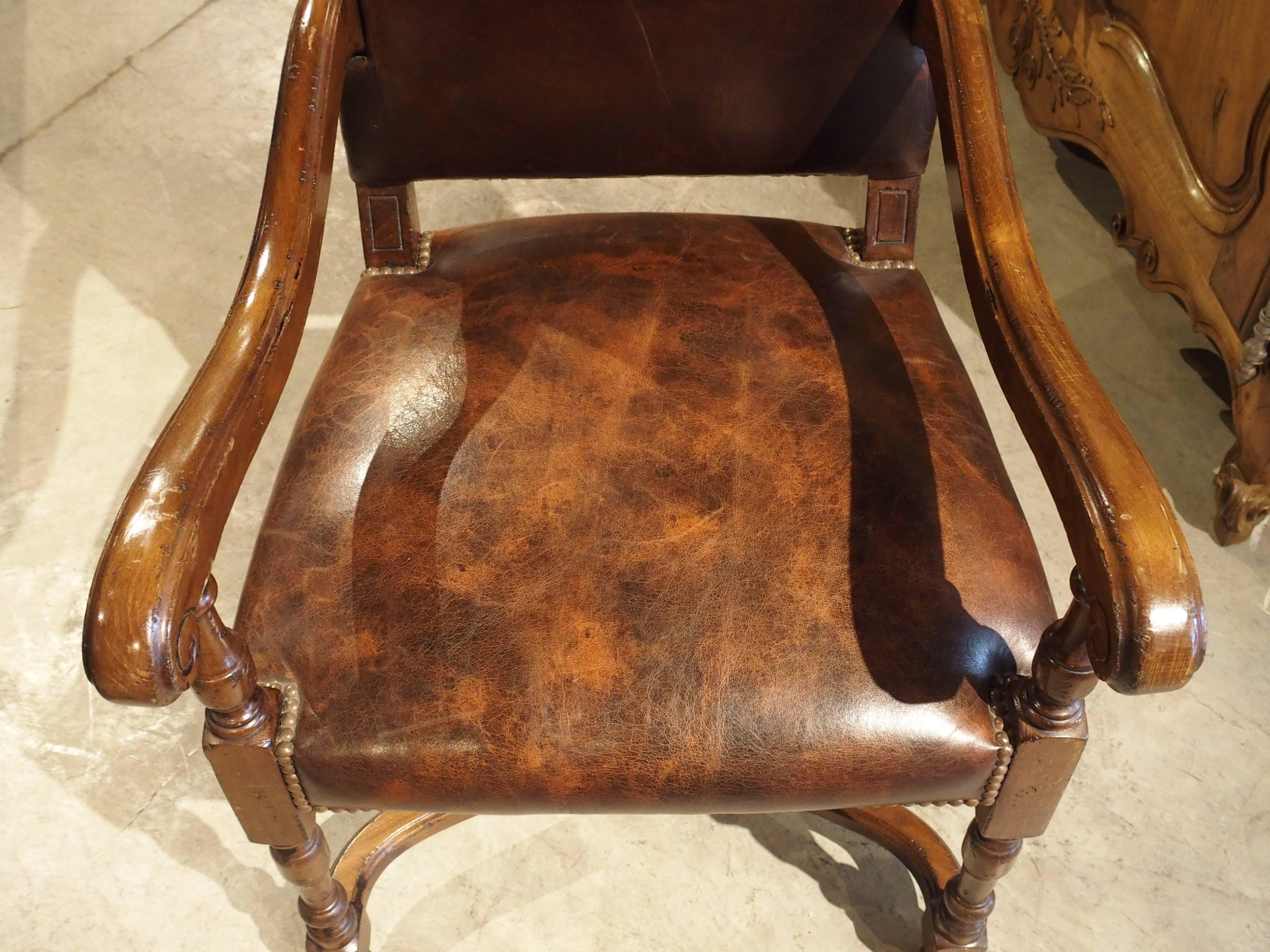 Embossed Leather Walnut Wood Armchair from France In Excellent Condition In Dallas, TX