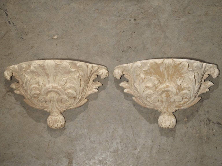 Pair of Antique French Whitewashed Wooden Brackets For Sale at 1stdibs