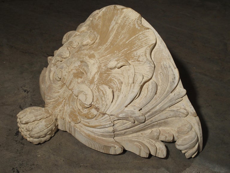 Pair of Antique French Whitewashed Wooden Brackets For Sale at 1stdibs