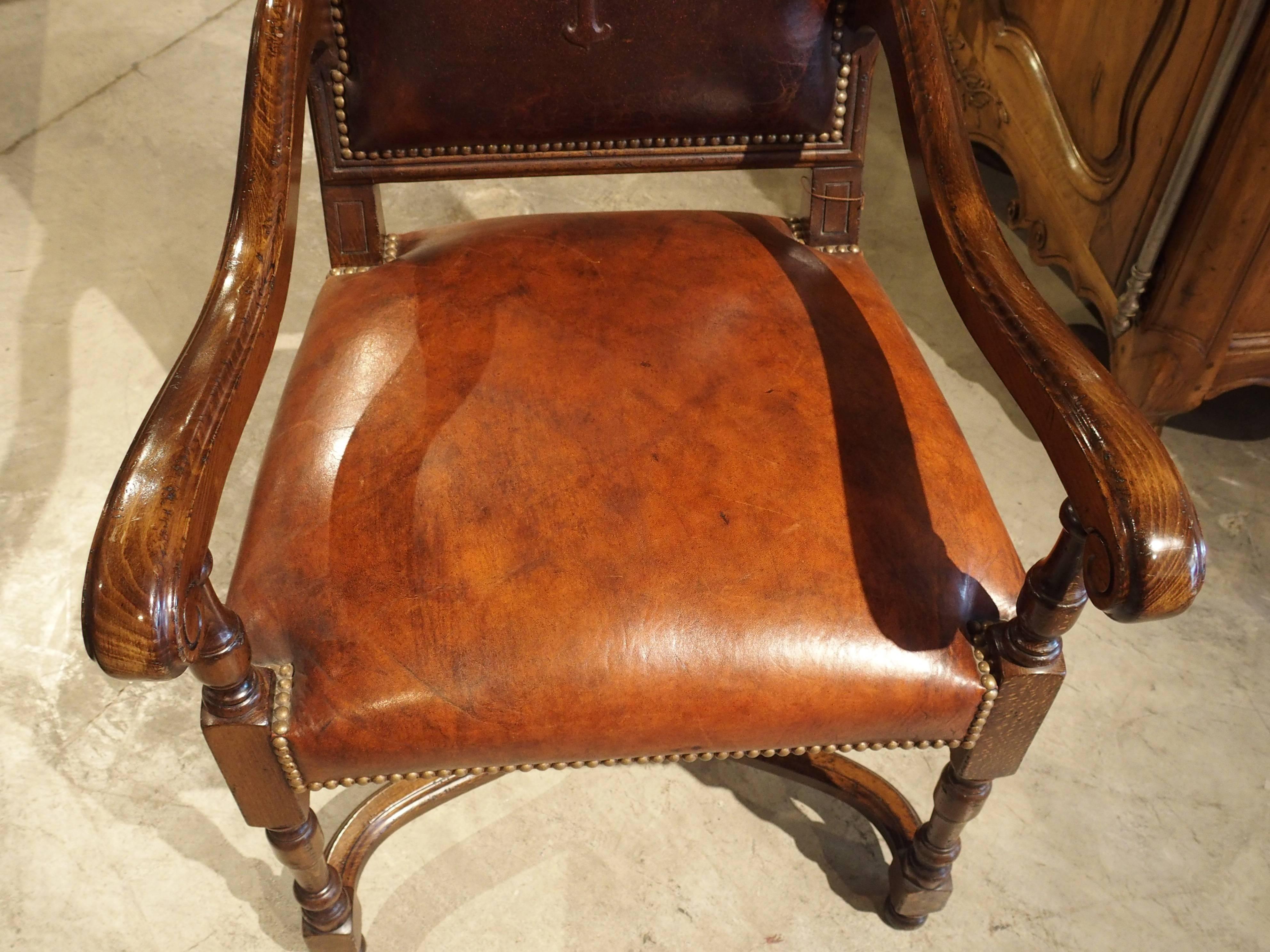 Embossed Leather Walnut Wood Armchair from France In Excellent Condition In Dallas, TX