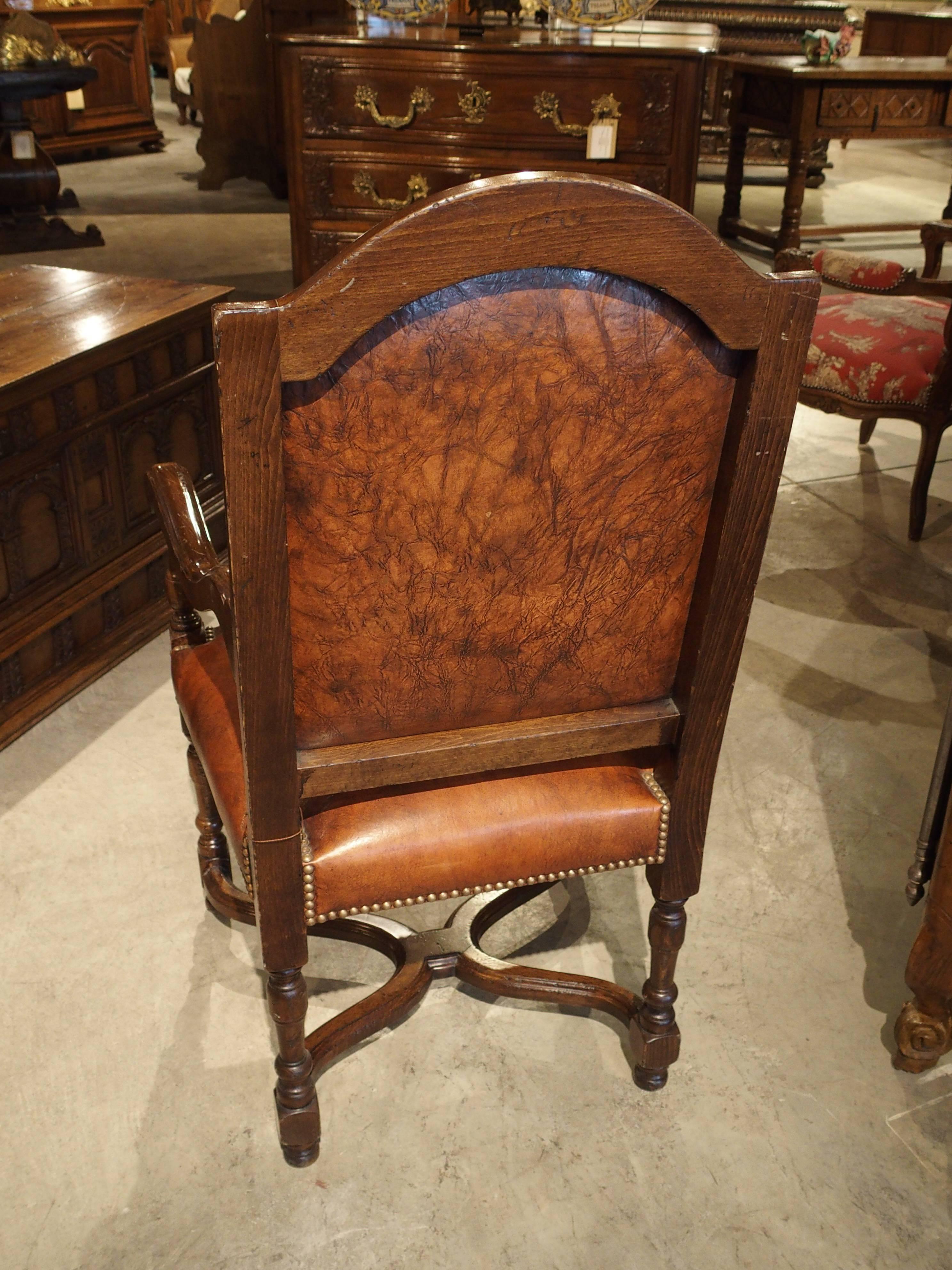 Contemporary Embossed Leather Walnut Wood Armchair from France