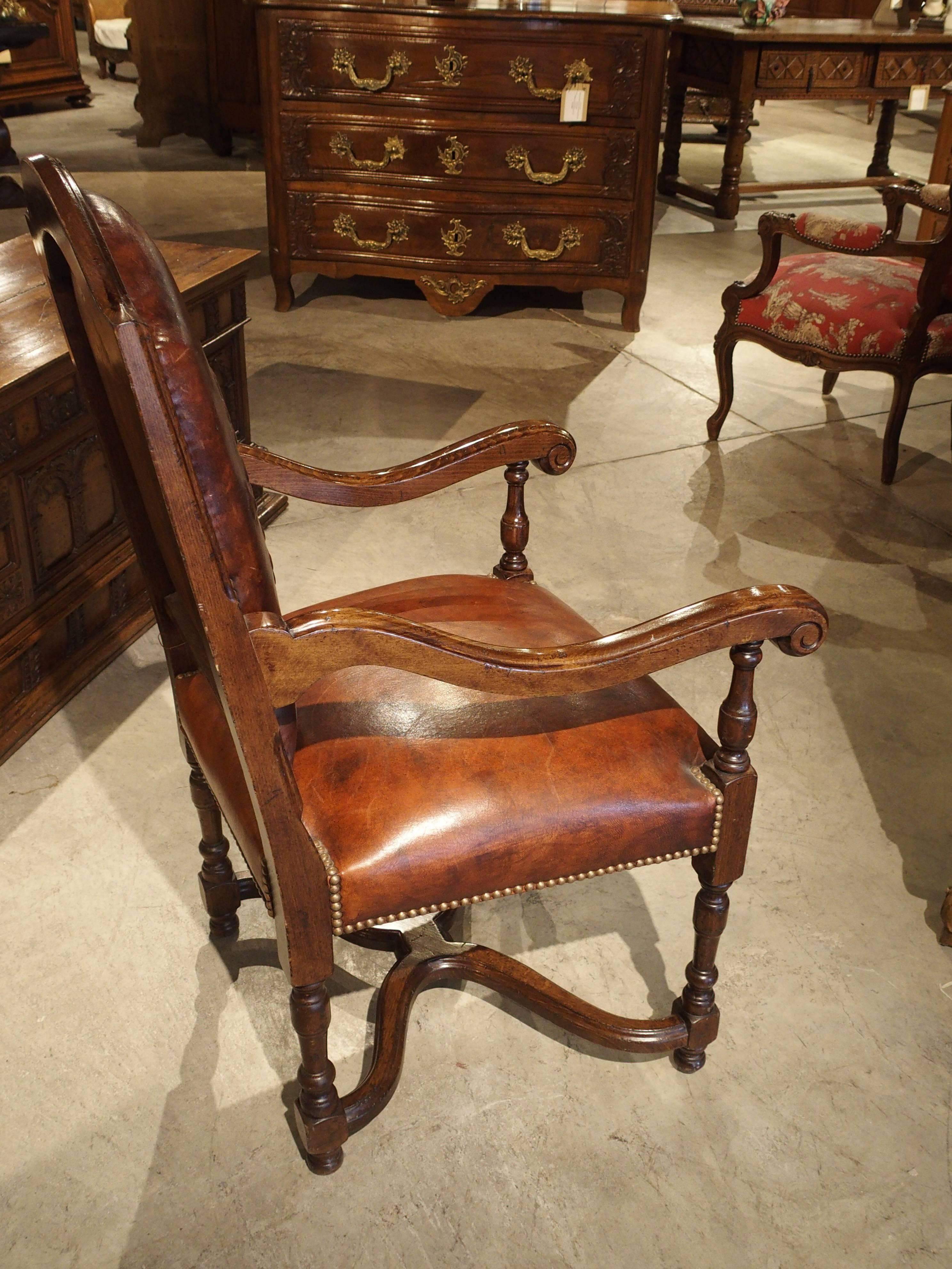 Brass Embossed Leather Walnut Wood Armchair from France