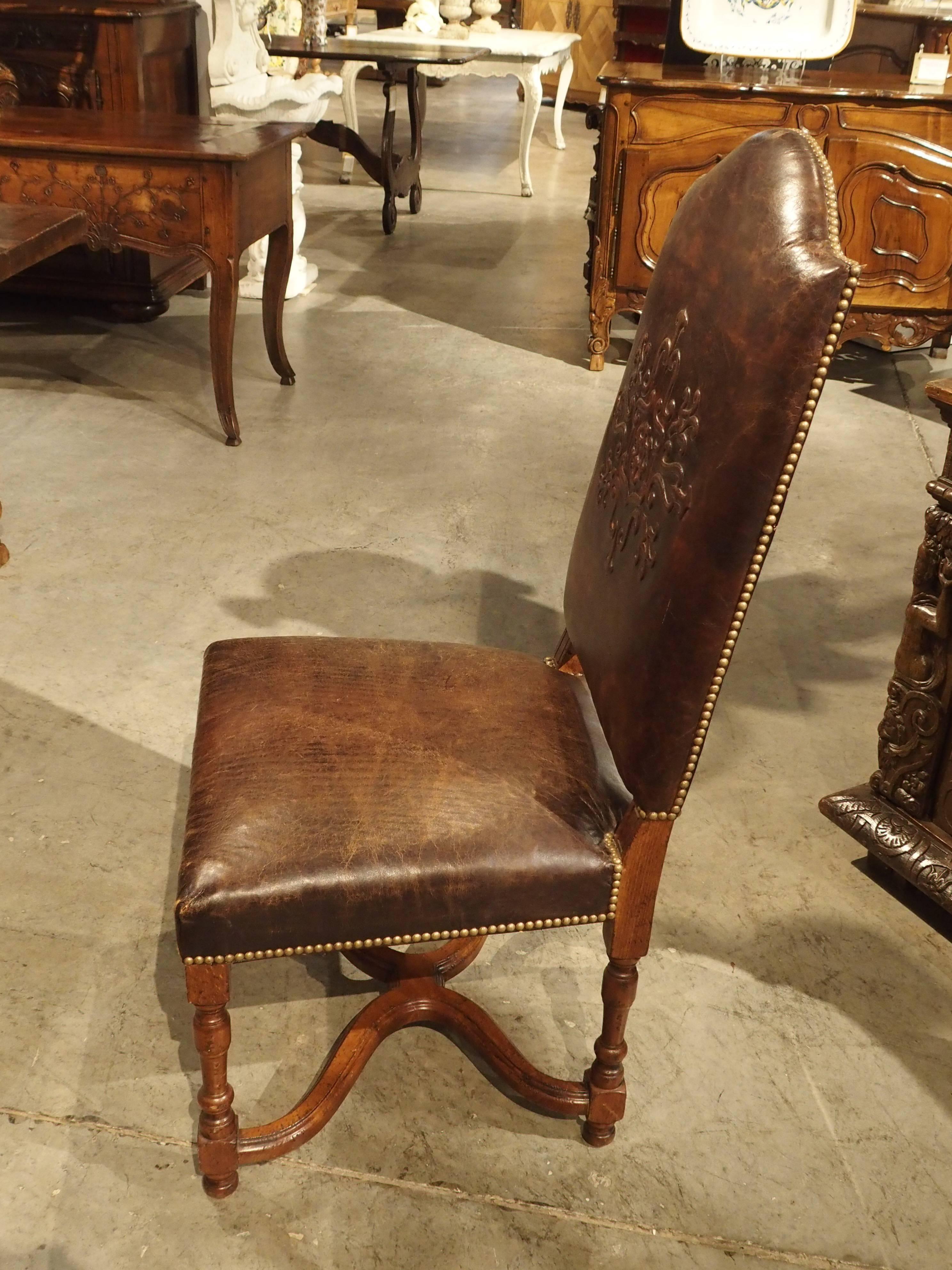 Louis XIV Embossed Leather Walnut Wood Side Chair from France